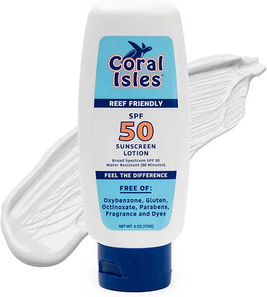 Coral Isles Sunscreen SPF 50 | Hawaii Compliant | Octinoxate & Oxybenzone Free | Broad Spectrum UVA/UVB Protection | Water Resistant 80 Min. | Fragrance Free | 6 Fl Oz Lotion