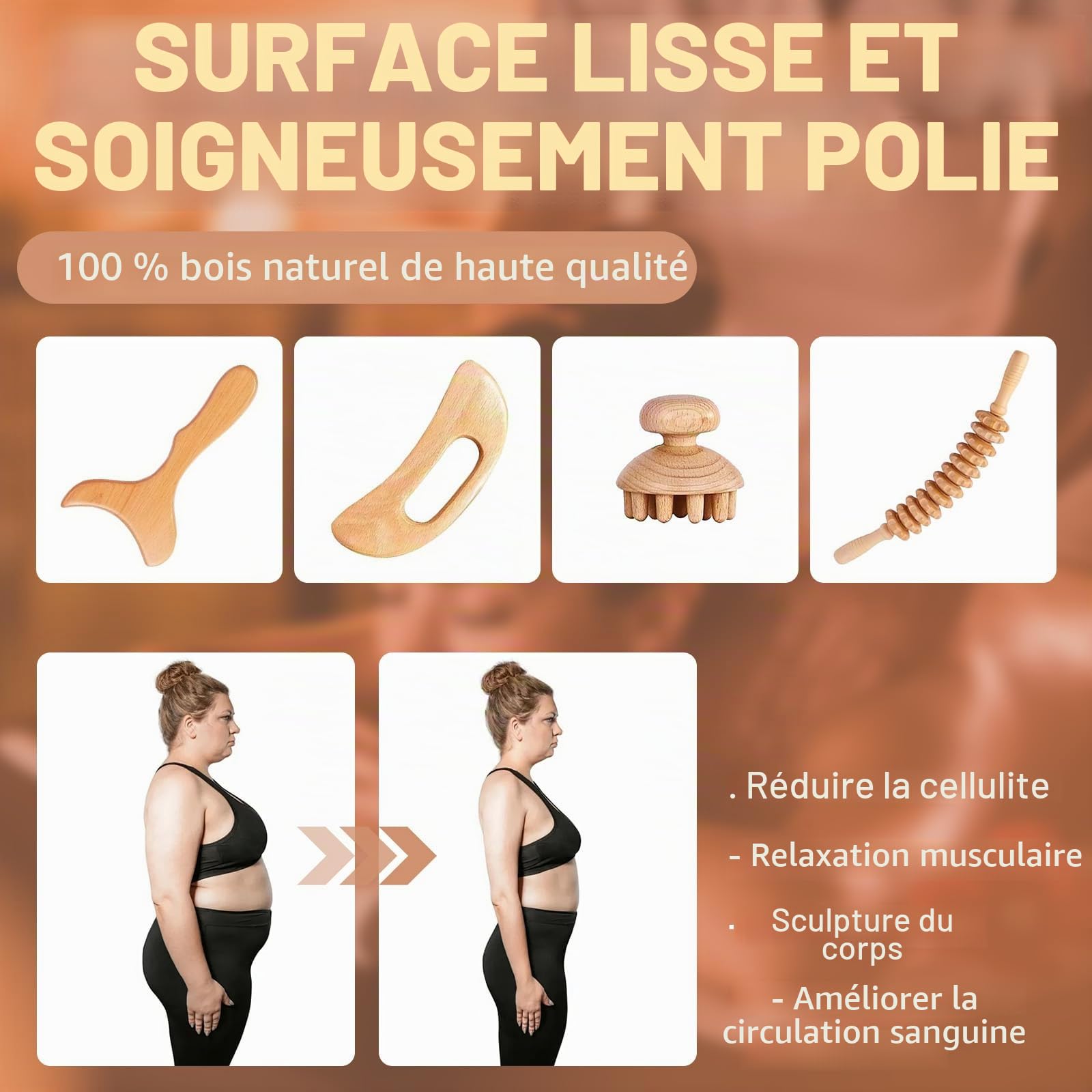 Maderothérapie Kit Complet Cellulite 4 Pieces, Professionnelle Massage Thérapeutique en Bois Brosse a Sec Drainage Lymphatique, Gua Sha, Anti Cellulite pour Soulager la Douleur et Détendre
