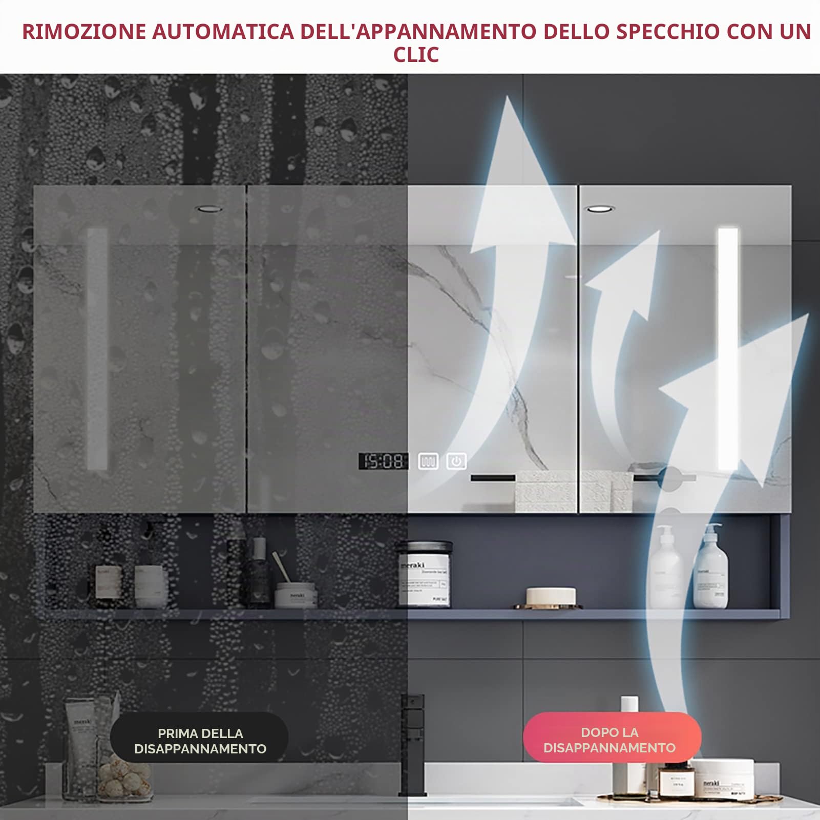 Armadietto da bagno moderno con specchio a LED da 110 cm con anti-appannamento, Slish Sto Solut per tials, design Sk perfetto per la decorazione della casa e l'uso quotidiano.