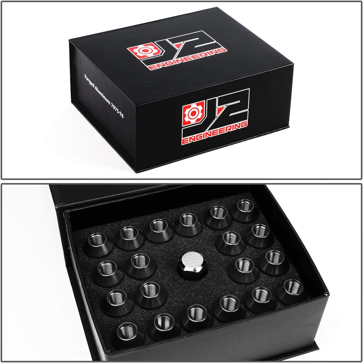 J2 Engineering 20 Pcs 7075 Aluminum Open End M12 x 1.5 Lug Nuts Set w/Socket Adapter, Black, Fit Conical Seat, LN-T7-004-15-BK