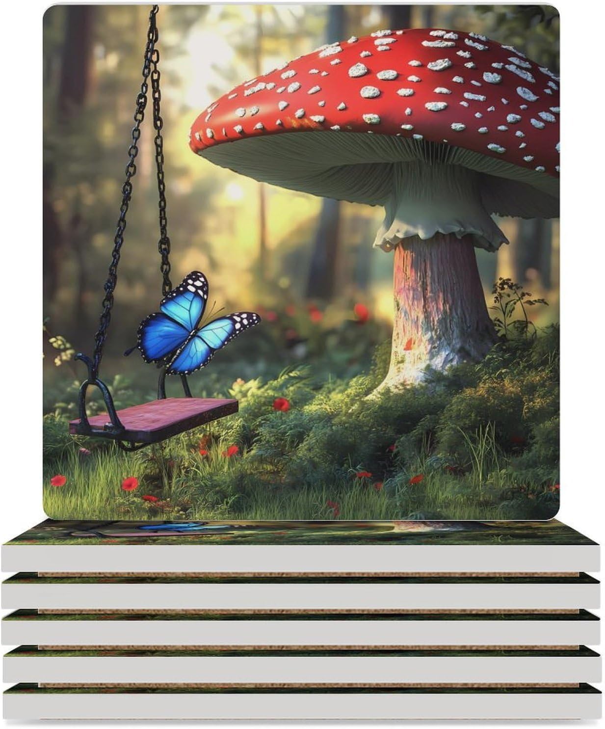 Magical Forests Mushroom Coasters for Drinks Square Ceramic Coasters Cup Mats with Cork Base