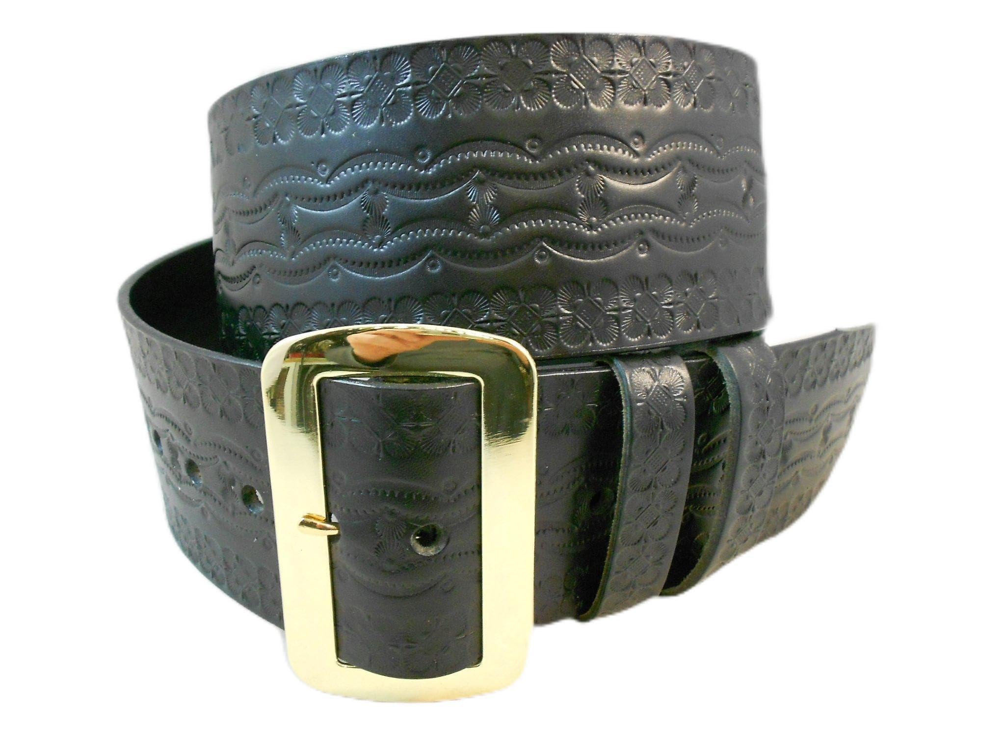 Genuine Tooled Leather Santa Claus Belt and Buckle USA Black Top Grain 3 in Wide with 2 Keepers