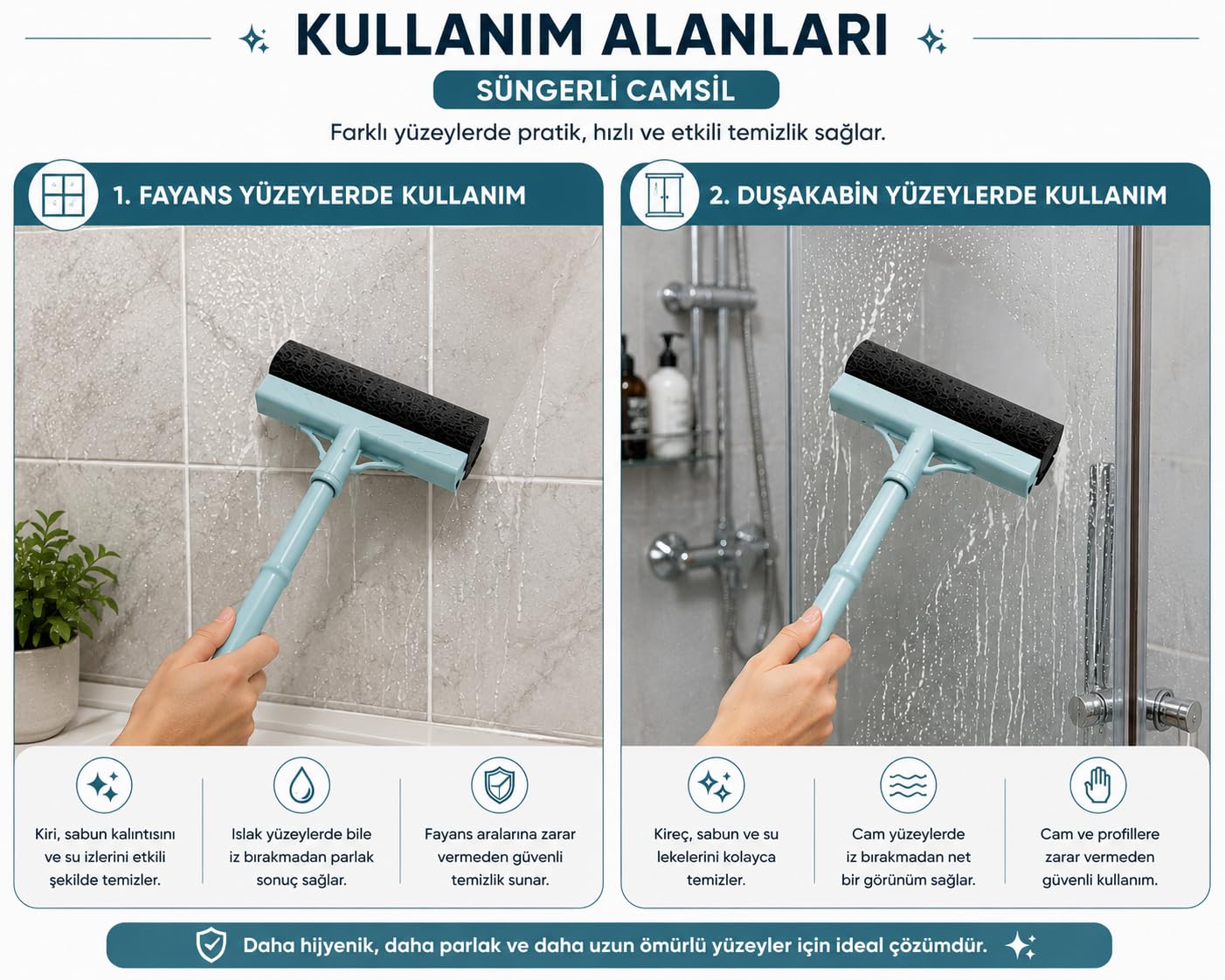 Süngerli Camsil Cam, Ayna, Fayans ve Duşakabin Temizleme Aparatı – Ergonomik Saplı Çekçekli Cam Silme Aparatı, Açık Mavi