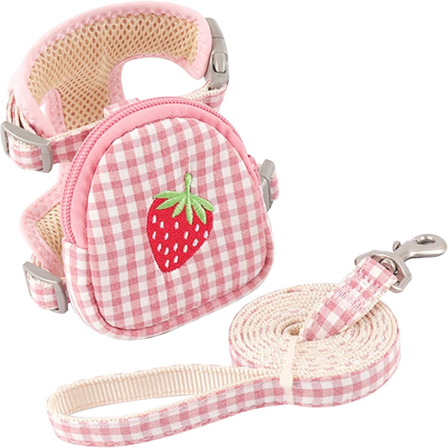 Cat Harness and Leash, Strawberry Printed Plaid Cat Harness with Backpack & Leash, Cat Vest Harness, Cute Pet Harness for Cats & Small Dogs (S, Less 4KG)