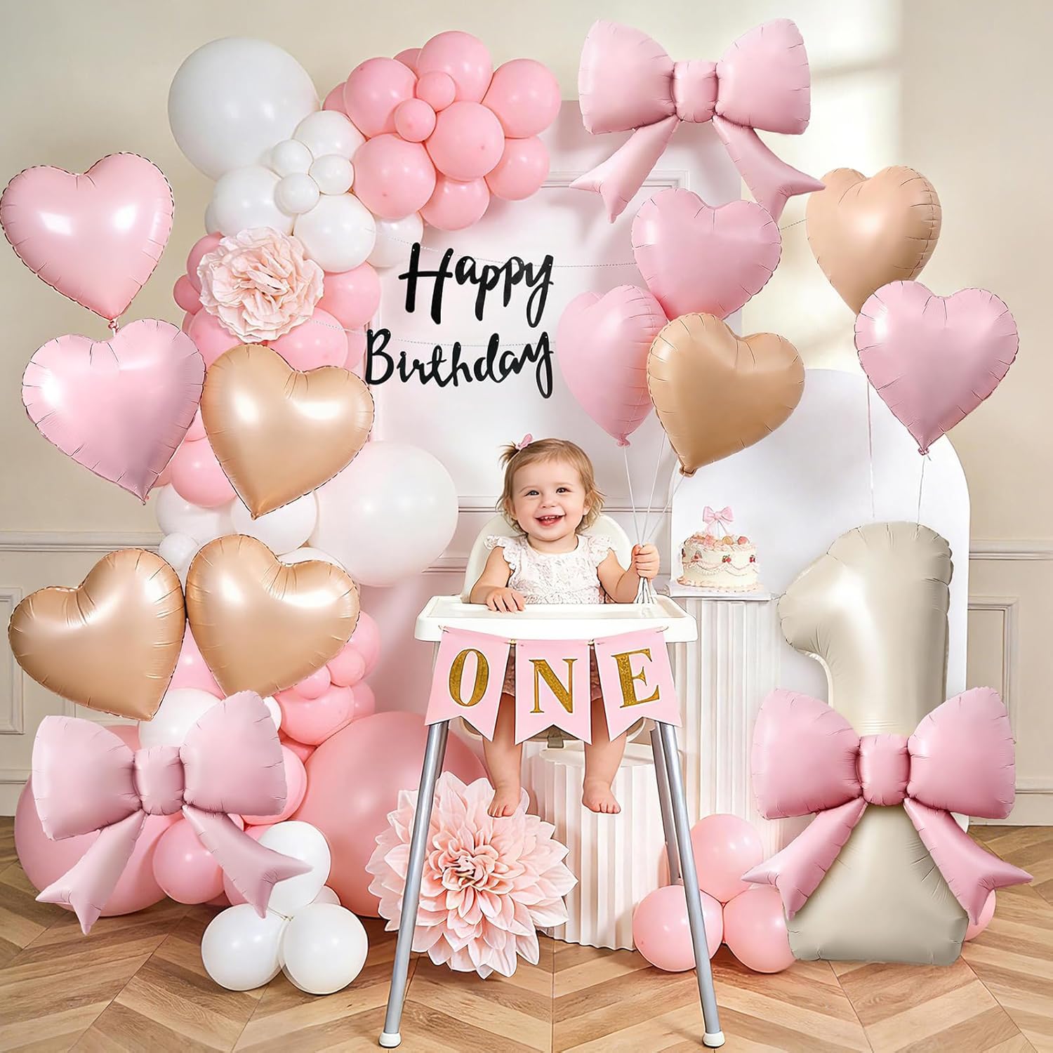 28Pcs First Birthday Decorations for Girl Pink Heart Bow Foil Balloons Cream Number 1 Balloon Black Happy Birthday Banner, 1st Birthday Decorations Girl Sweet One Party Decor Supplies - Image 3