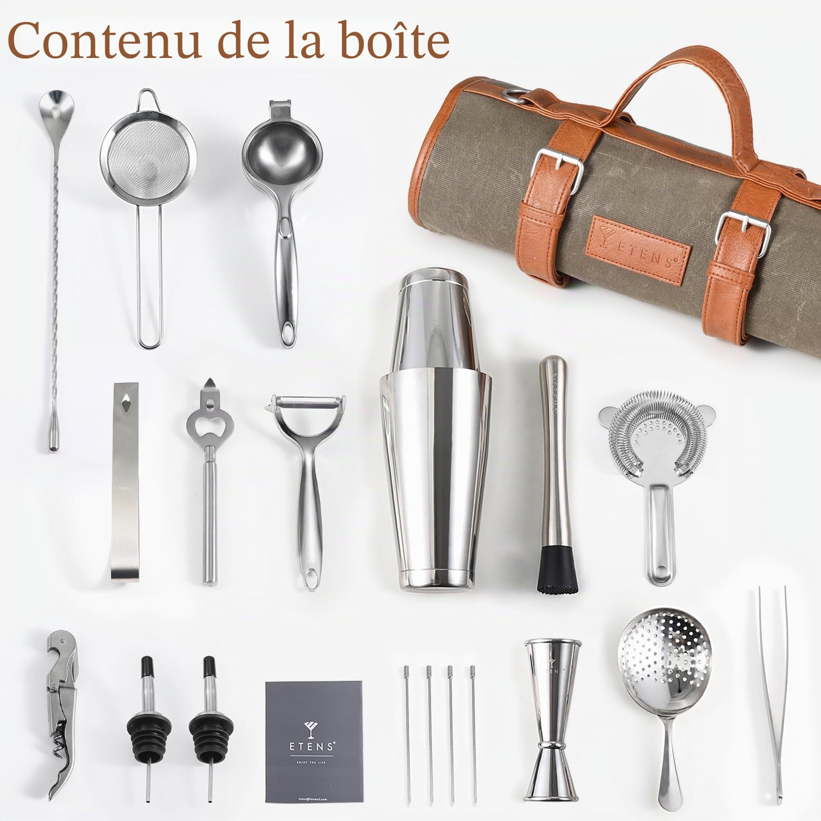 Etens Ensemble de barman de voyage – Set de bar de 22 pièces, set à cocktail avec ustensiles de bar en acier inoxydable et sac en toile cirée – Set de barman, accessoires de bar avec shakers Boston