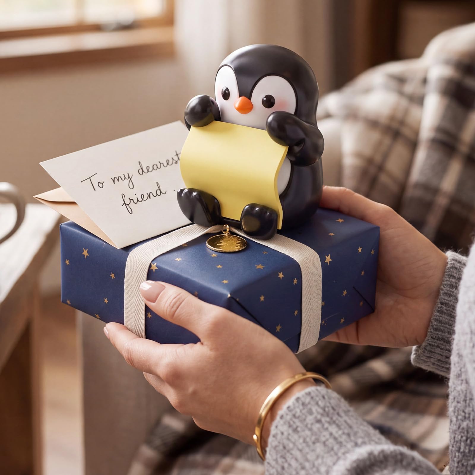 Crtiin Dispenser per note adesive a forma di pinguino, 50 fogli, 7,6 x 7,6 | Note estraibili gialli, dimensioni compatte, 15,2 x 10,2 x 6,9 cm, decorazione da scrivania a forma di pinguino