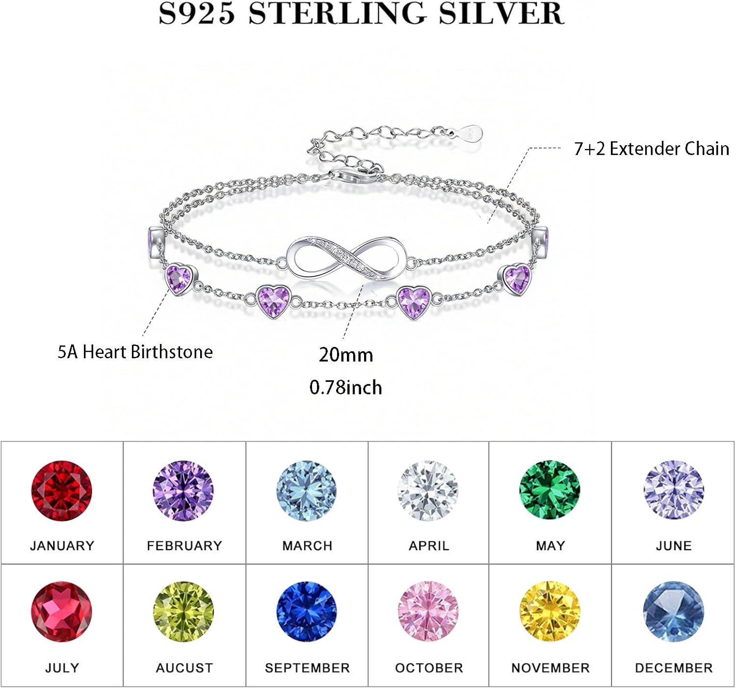 Prismata Infinity Birthstone Charm Link Bracelet/Anklet 925 Sterling Silver Adjustable 12 Months Birthstone Infinity Bracelet/Anklet Birthday Jewelry Gifts for Women Her