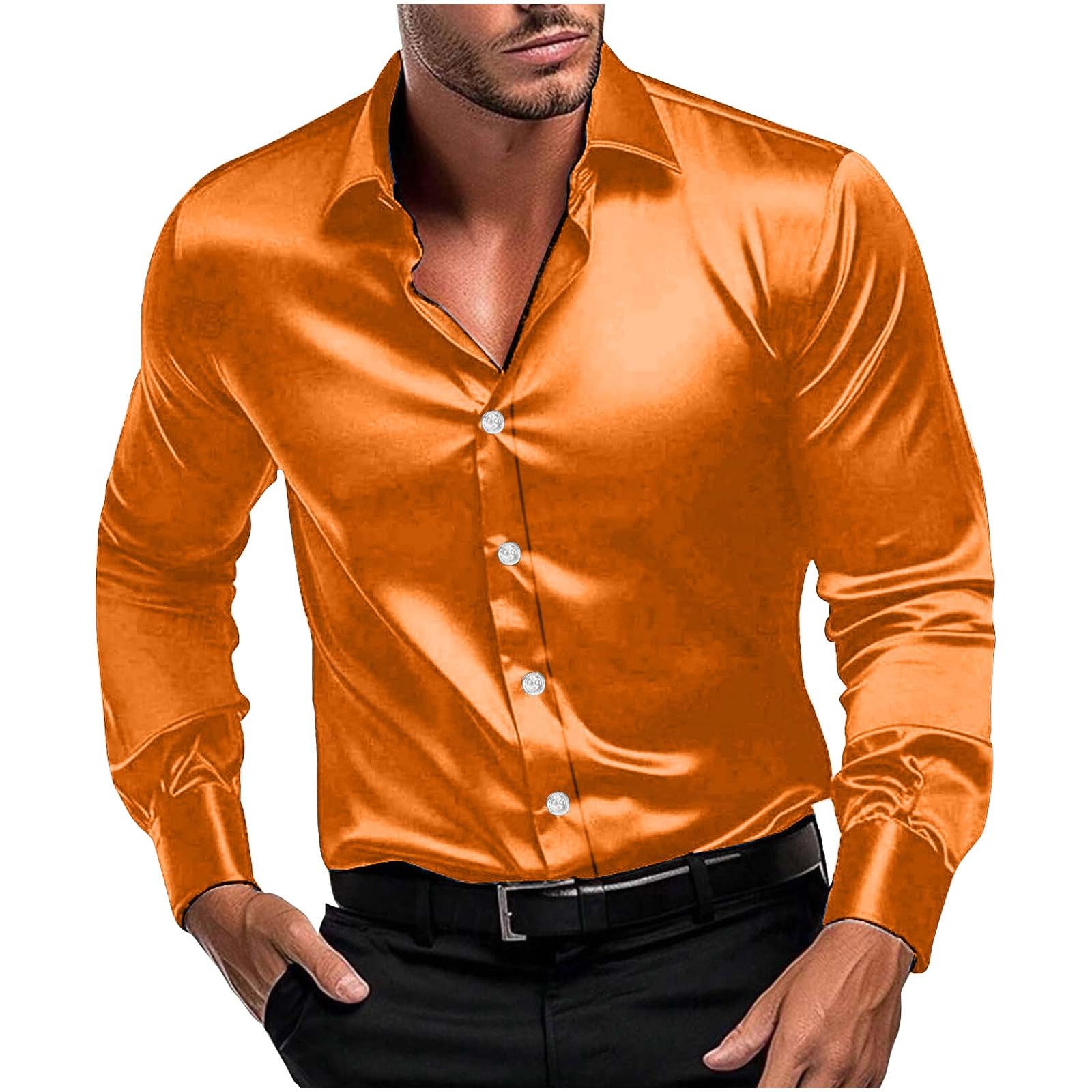 Men Long Sleeve Satin Dress Shirt Shiny Embroidery Silk Like Button Down Casual Luxury Prom Wedding Party Disco Solid