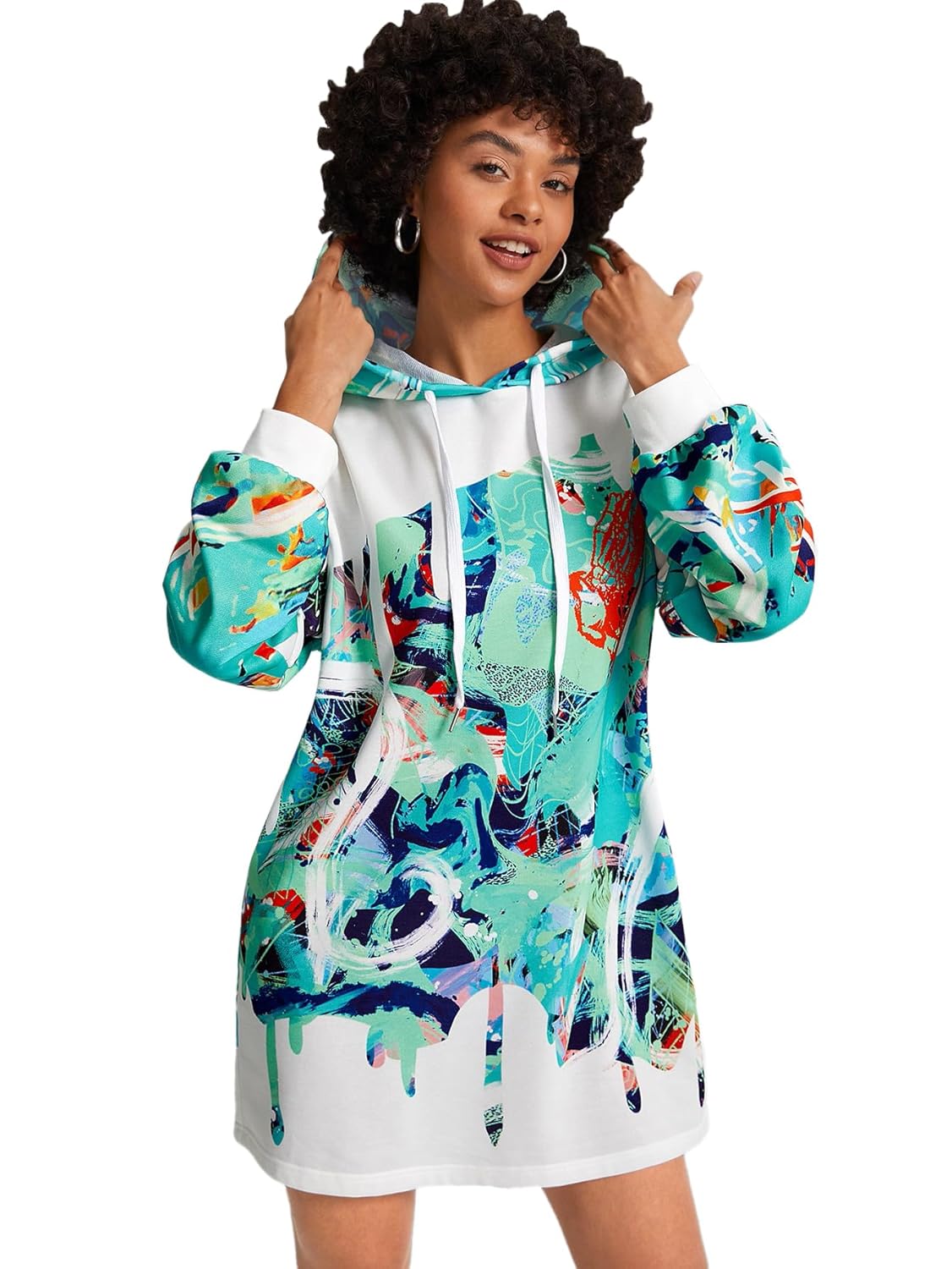 TOPLOT Women’s Woolen Long Typographic Printed White Hoodie with Hooded Neck