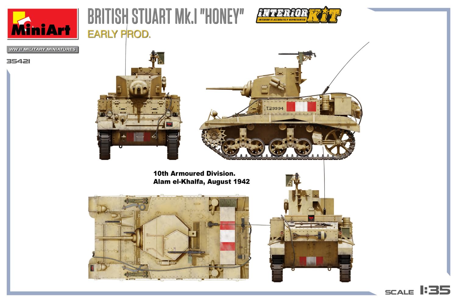 MiniArt 35421 1:35 Brit. Stuart Mk.I con interno – riproduzione fedele all'originale, modellismo, kit di costruzione in plastica, artigianato, hobby, incollaggio, modellismo, assemblaggio, non