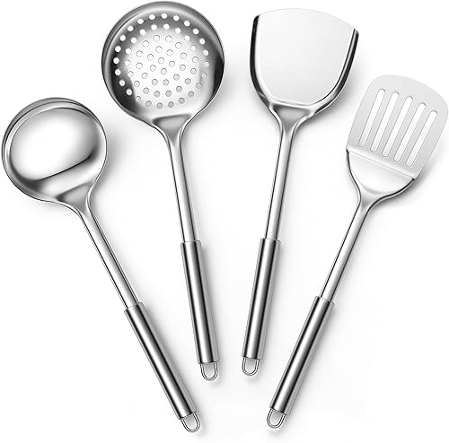 E-far Utensilios de cocina de acero inoxidable, juego de 4 utensilios de cocina resistentes al calor, juego de espátulas de cocina de metal no