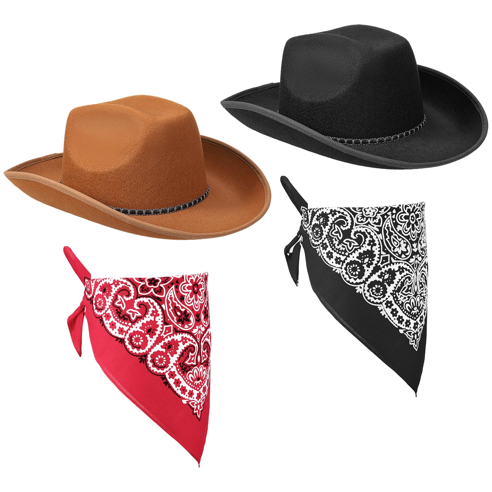 ViEinkaufen 2Pcs Cowboy Hats Black Brown, Cowboy Hat with Bandana Scarf Western Hat Set Fancy Dress Party Accessory for Women Men Halloween Birthday Cosplay Party (Black+Brown 1#)