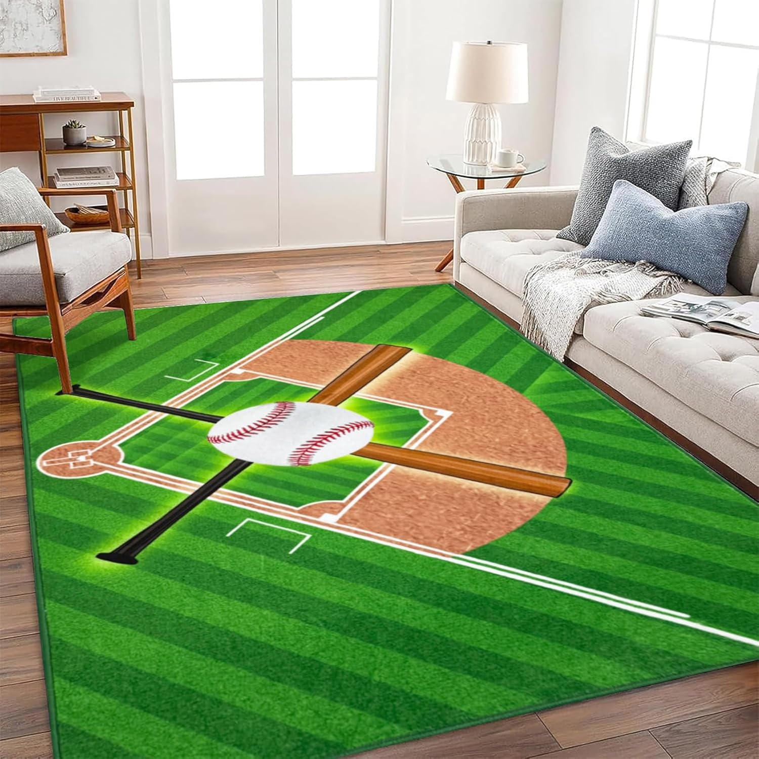 Washable Low Pile Baseball Rug 5x7- Sports Decor for Boys Room, Non-Slip Kids Bedroom Carpet, Durable Baseball Themed Floor Mat