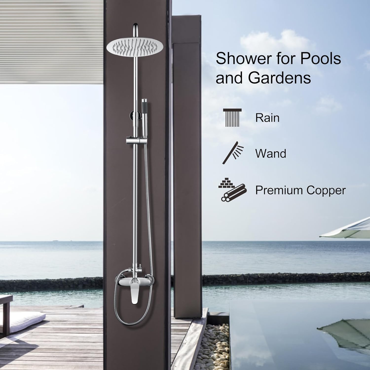 AmazonBasics Outdoor Shower Fixtures - Total Complete Shower Kit, Chrome Finish with SS304 Handheld High Pressure Shower Head, 2-Functions