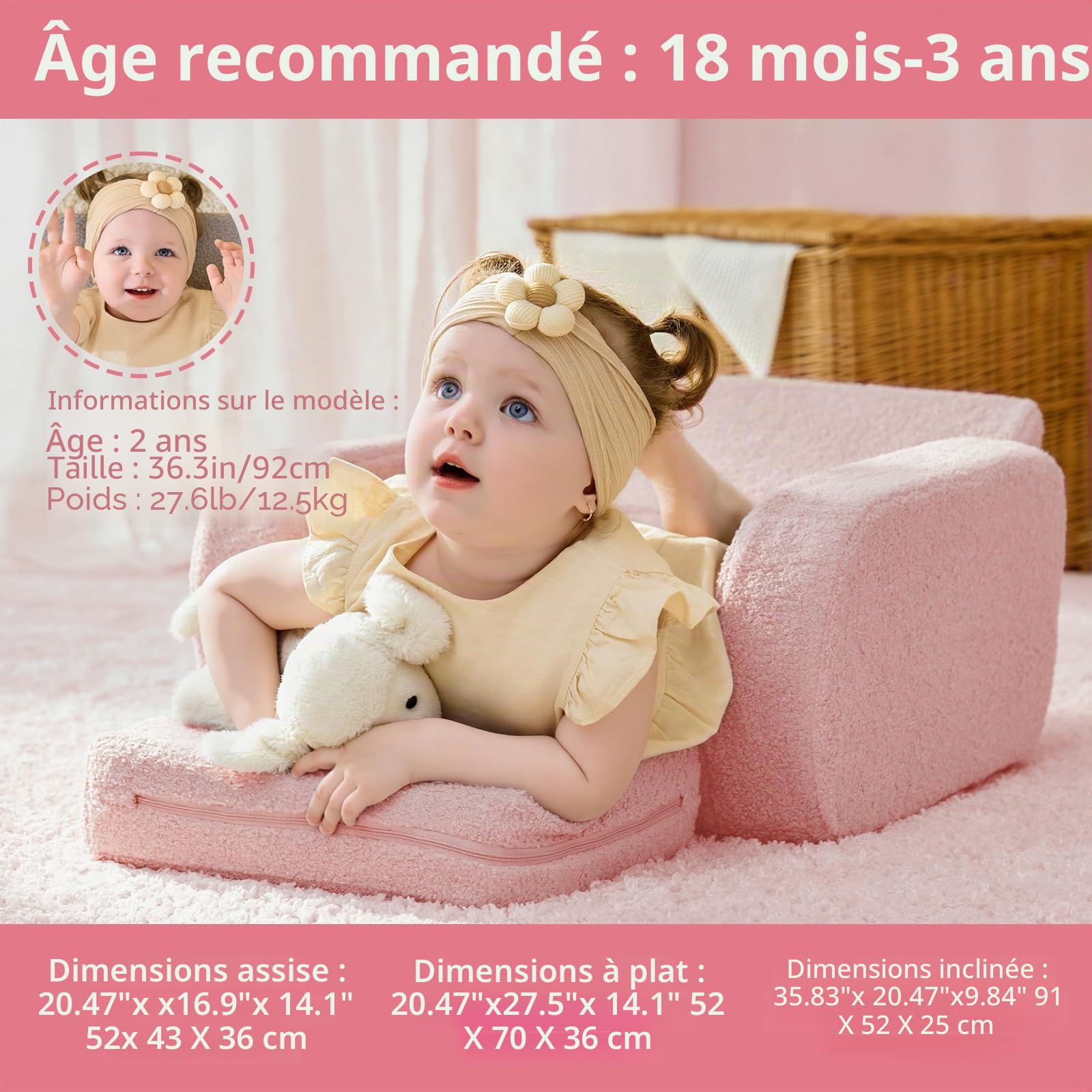 KidBloom 3 in 1 Fauteuil Enfant, Rose Canape Enfant en Tissu Sherpa, Meuble Enfants pour Filles