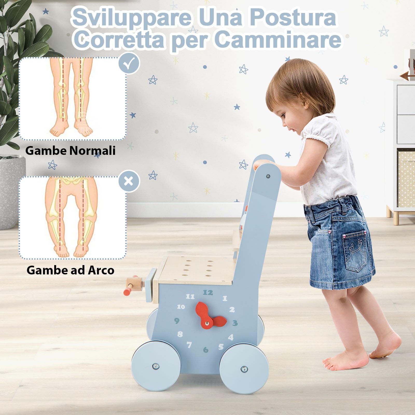 RELAX4LIFE 2 in-1 Carrello Primi Passi in Legno con Banco da Lavoro di Legno, Attrezzi Montessori, 4 Ruote, 30 x 30 x 47 cm (Modello 1)