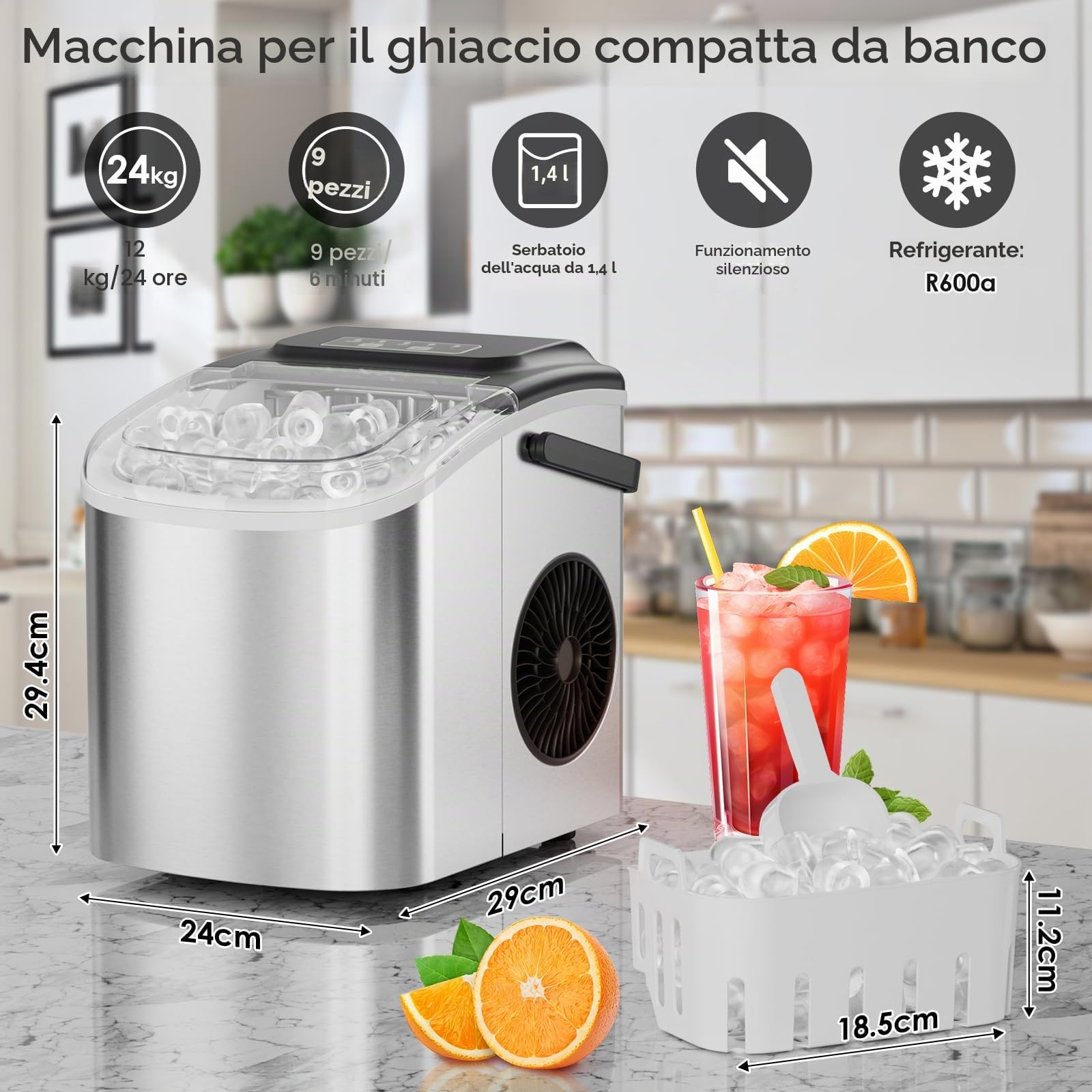 Macchina Ghiaccio, 12 kg/24h, 9 Cubetti di Ghiaccio in 6 Minuti, 2 Dimensioni di Ghiaccio, Silenzioso, Macchina del Ghiaccio con Maniglia, Macchina per il Ghiaccio Autopulente per Cucina/Ufficio/Bar