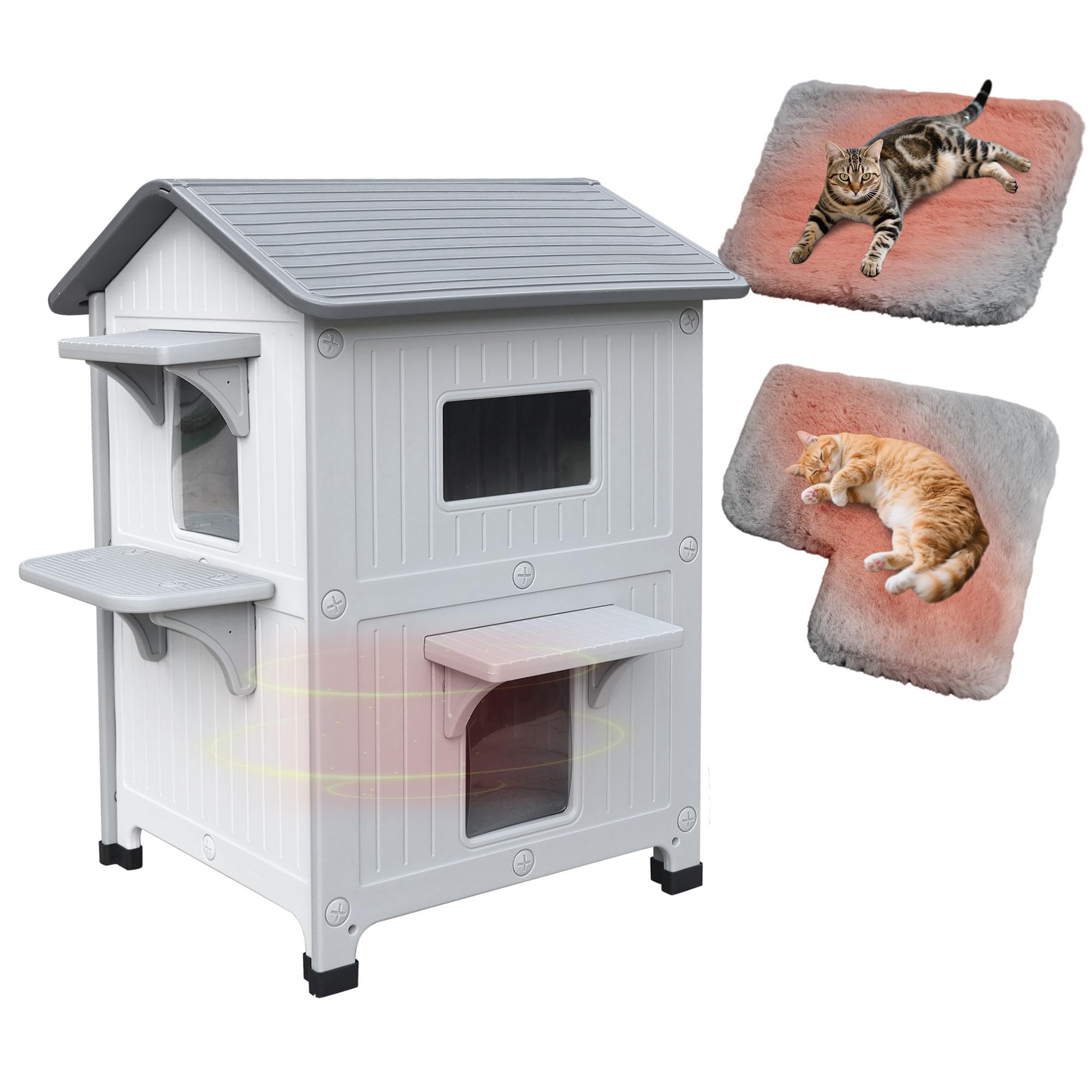 2-Tier Outdoor Cat House with Mat, Plastic Cat House, Weatherproof & Insulated Cat House for Outdoors, with Escape Door, Sleeping Mat and Removable Roof