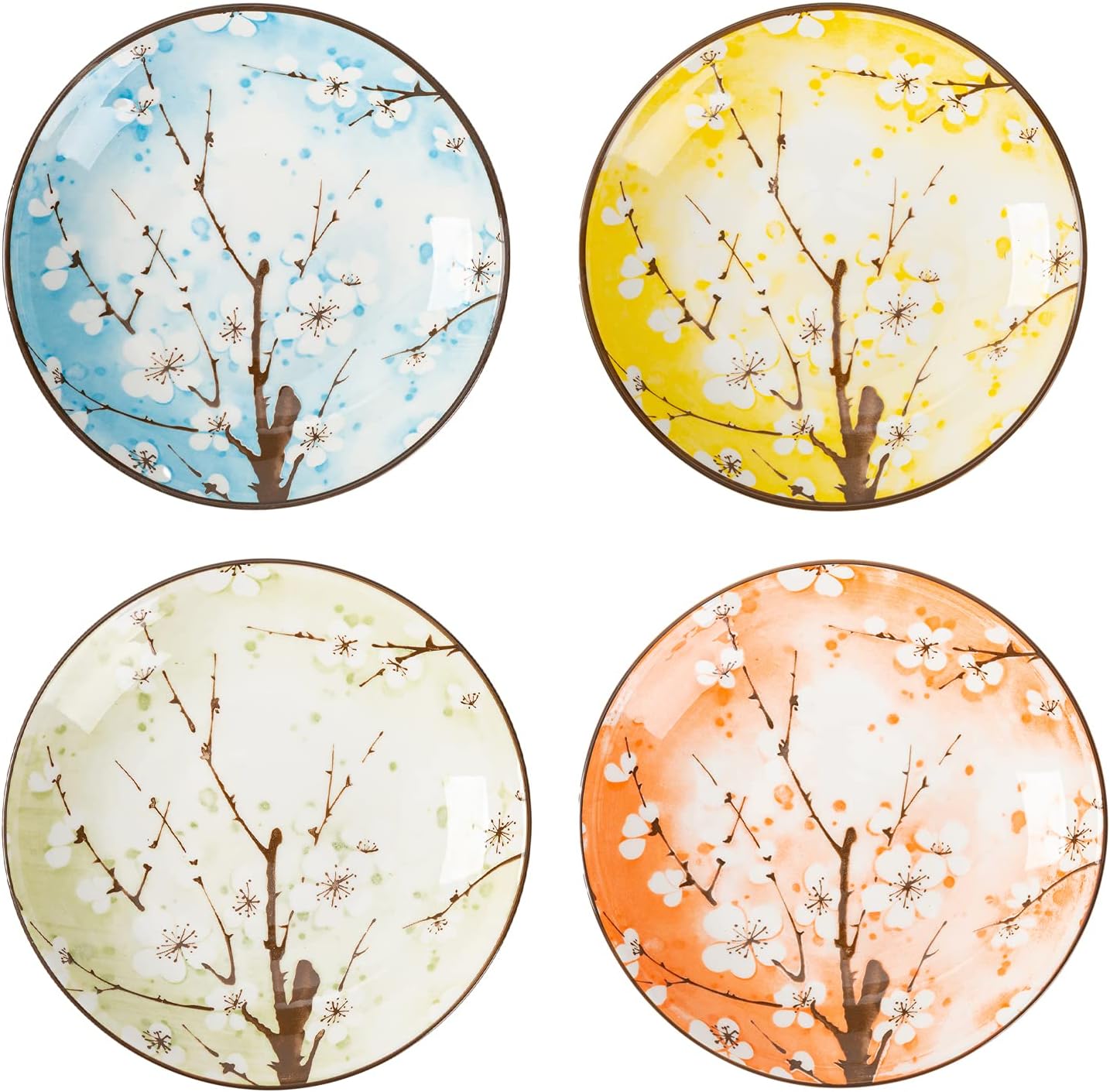 TJ Global Set of 4 Japanese Pottery Ceramic 7 Inch Plates for Any Meal and Any Dish, Japanese Dinnerware and Tableware Comes in Assorted Colors with Cherry Blossom Design