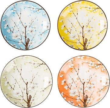 Set of 4 Japanese Pottery Ceramic 7 Inch Plates for Any Meal and Any Dish, Japanese Dinnerware and Tableware in Assorted Colors with Cherry Blossom Design