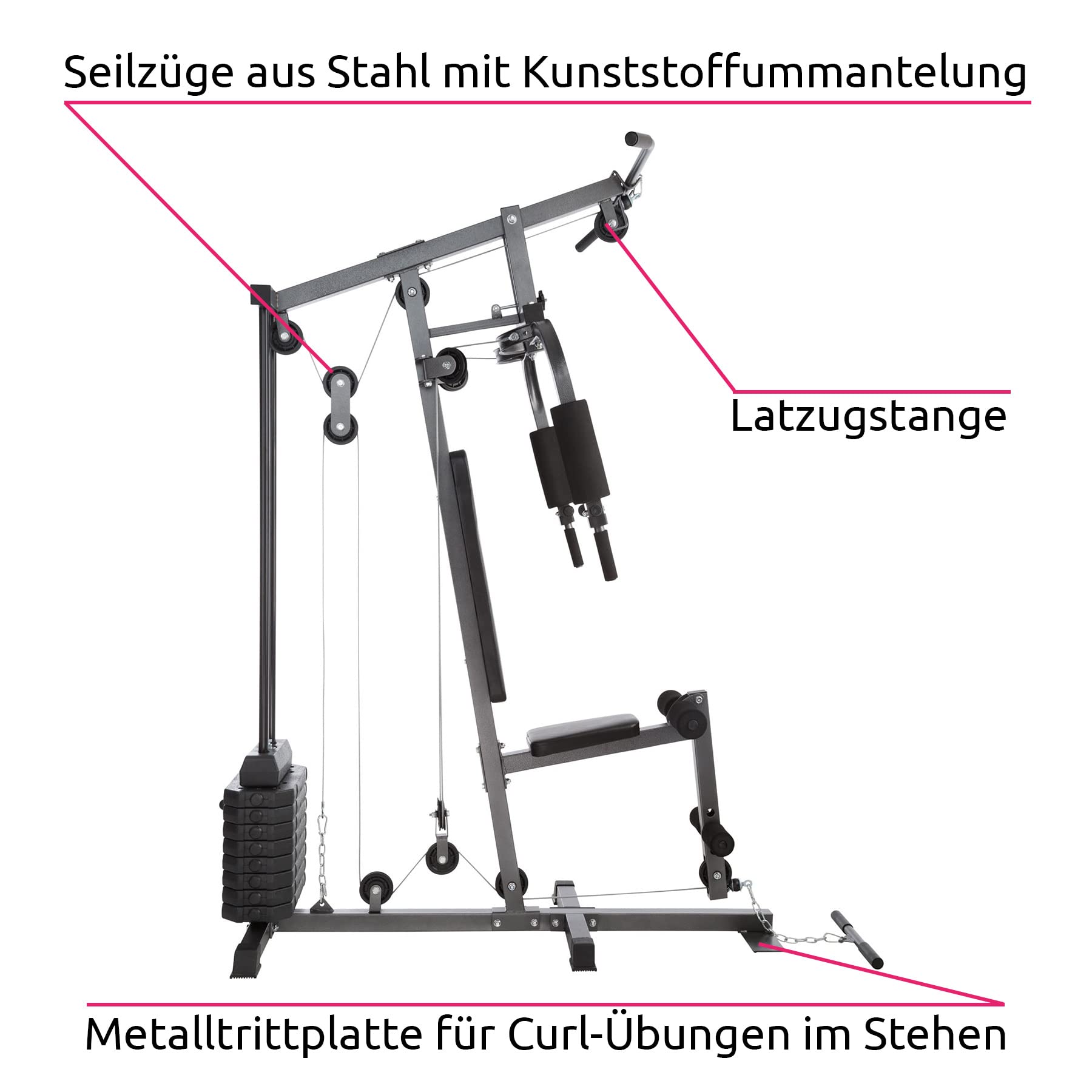 tectake® Kraftstation mit Butterfly- und Beinstreckermodul, Latzugstange, Seilzug, 160 x 98 x 203 cm, gepolstert, rutschfest, Multigym, Fitnessstation, Belastbarkeit 150 kg, Krafttraining Geräte