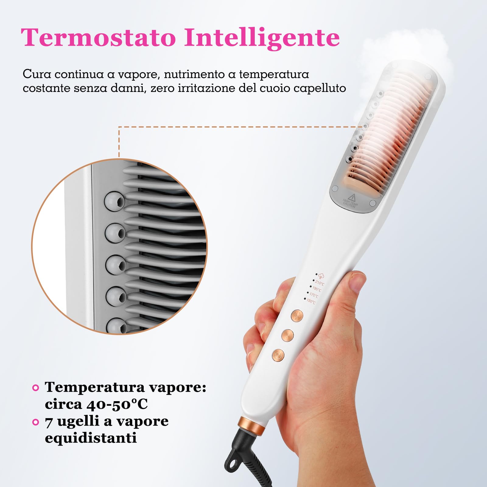 Spazzola Stira Capelli a Vapore - 3 Livelli Temperatura (150°C-210°C), Riscaldamento Rapido 30s, Piastre Ceramica, Design Sicuro, per Tutti i Capelli, Bianco