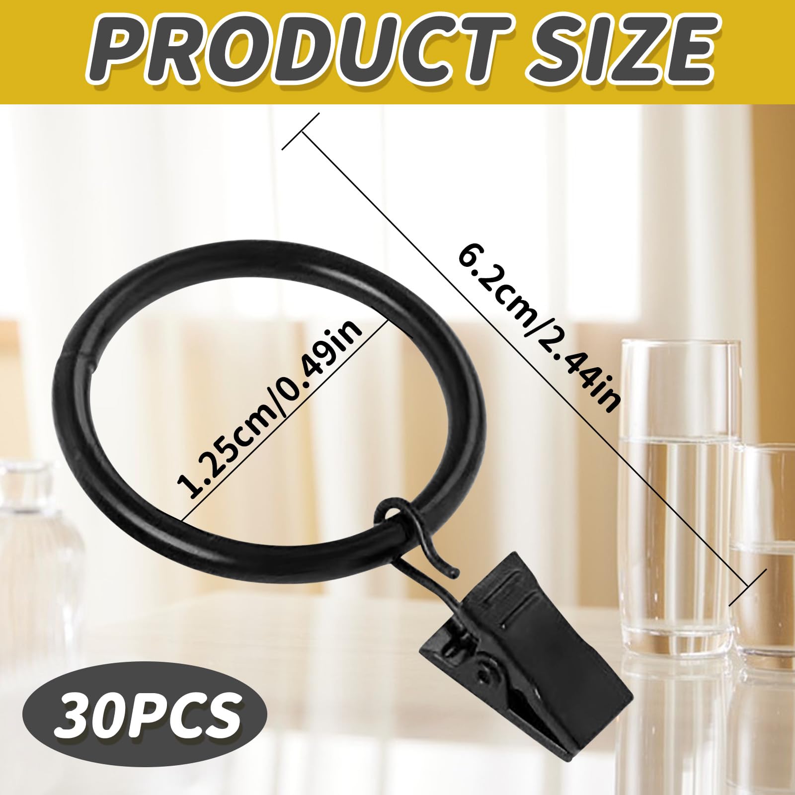 30PCS Black Curtain Rod Ring Clips, Curtain Rings With Clips, Rustproof Metal Drapery Ring with Hook - Image 2