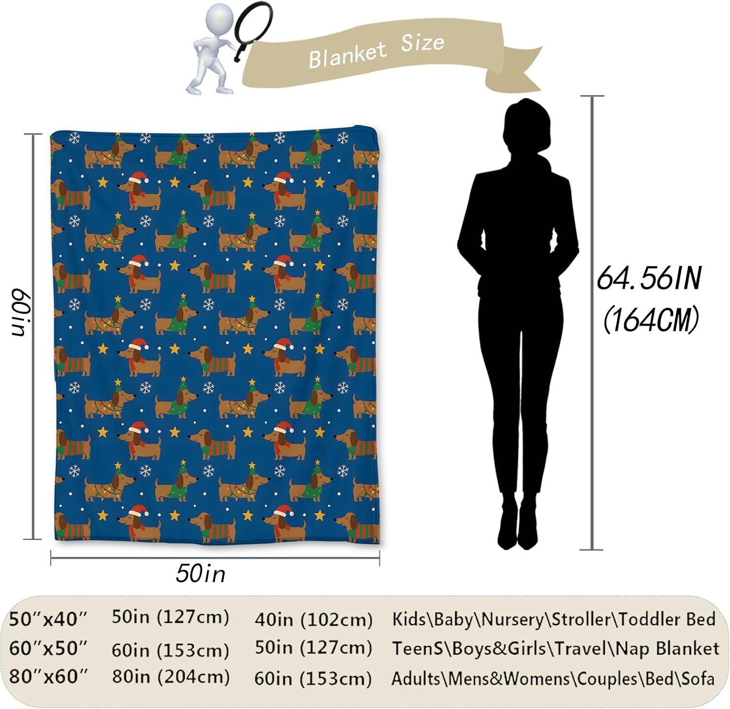 Christmas Dachshund Blanket, Soft Lightweight Flannel Cute Dogs in Santa Hats Throw Blanket for Couch, Bed, Travel & Decor Gifts, Cozy Warm Fuzzy Holiday Puppy Blankets for Adults Women Kids 60×50 in