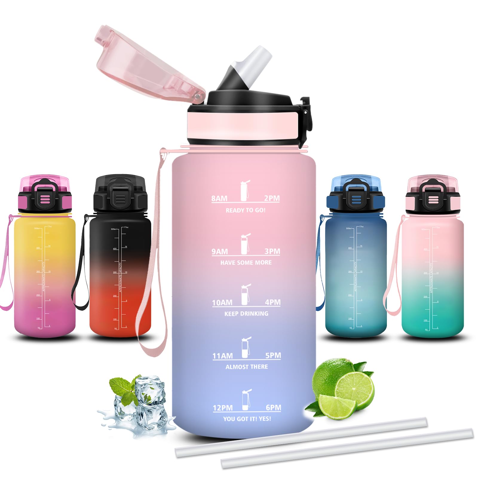 Mujigaga 500ml Kids Water Bottle with Straw Leakless Motivational Water Bottles Easy Carry Safety Closure School Cycling Picnic