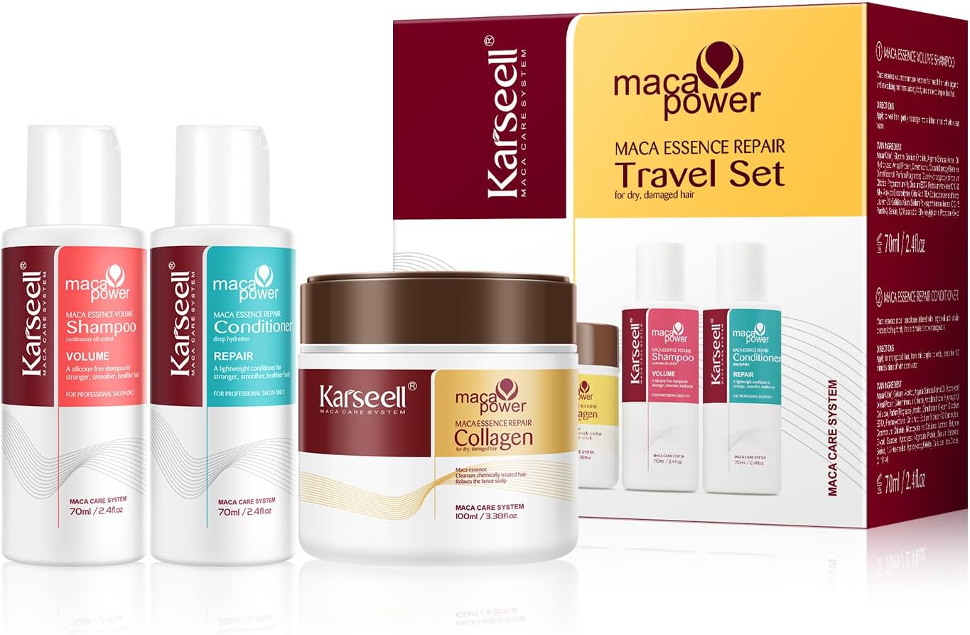 Travel Shampoo and Conditioner Set With Collagen Hair Mask, 3 Piece Carry On Vacation Kit, 70 mL 70 mL 100 mL