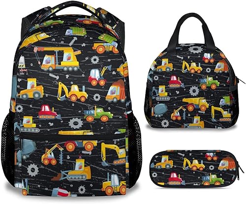 Mochila de construcción con lonchera, juego de 3 mochilas escolares a juego, bonita bolsa ligera para excavadora de camión y estuche para lápices,