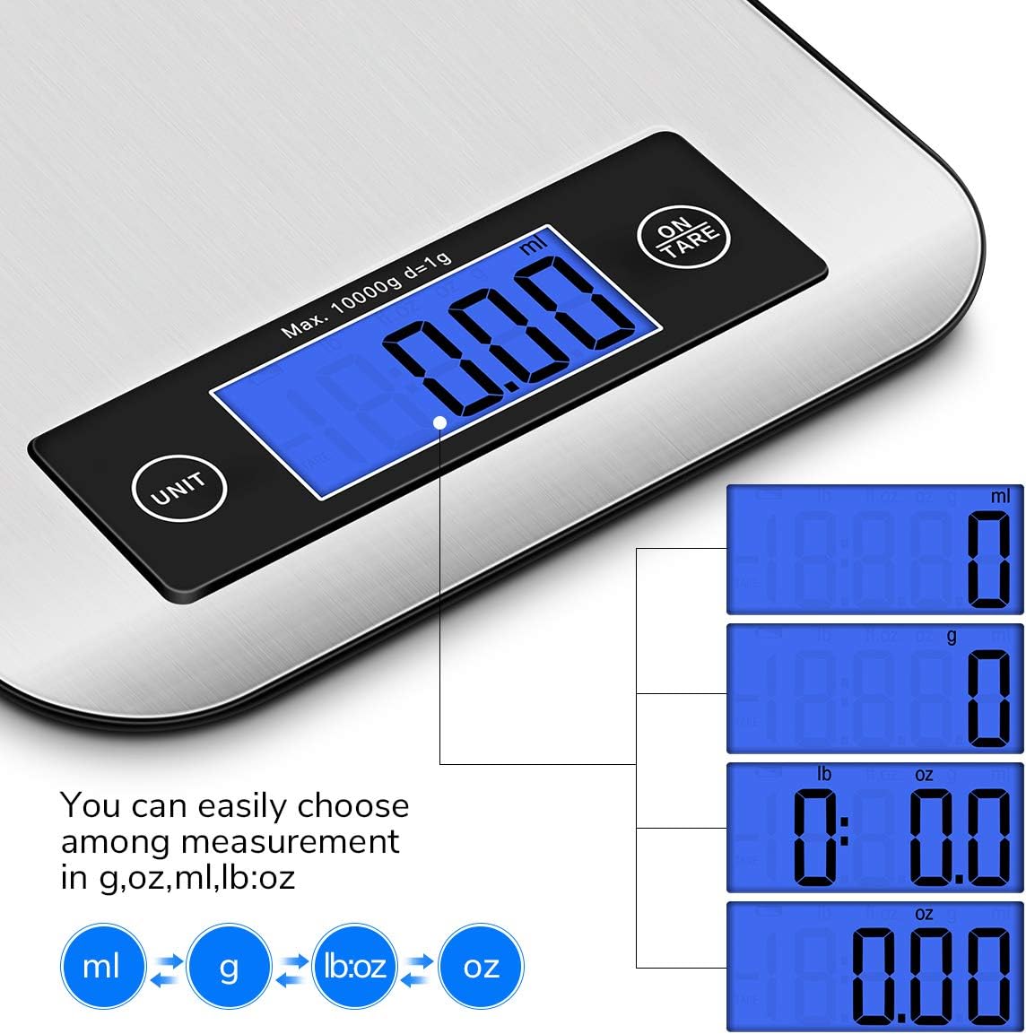 Digital Kitchen Scale Food Scales, CUSIBOX Postage Scale Multifunction Stainless Steel Accuracy with LCD Display and Tare Function for Baking and Cooking (Silver)