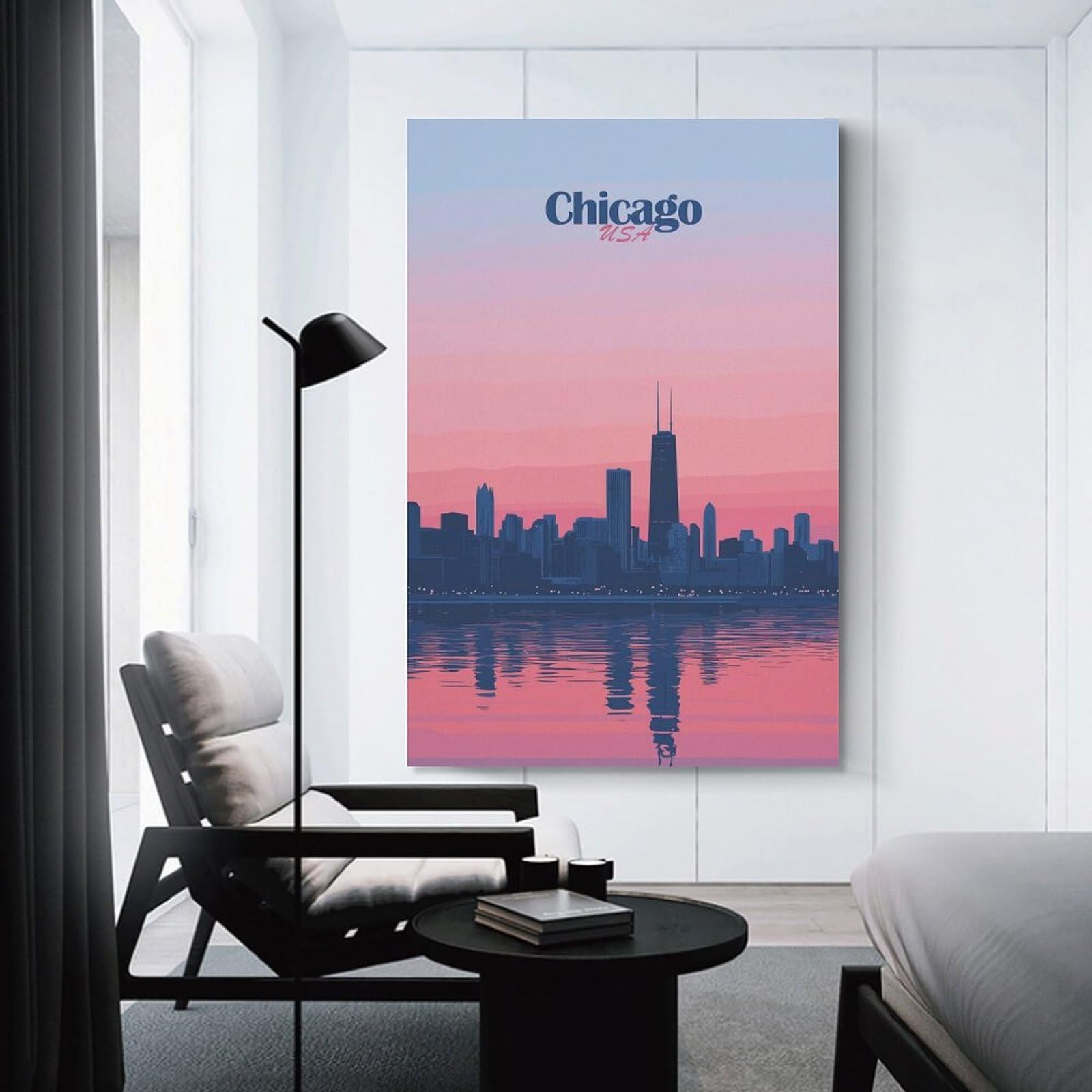 Junmoney 'Chicago Skyline Sunset Room Decor Wall Art, 12x18inch(30x45cm), for Living Room, Bedroom, Office Or Hallway, Decorative Artwork with Broad Appeal