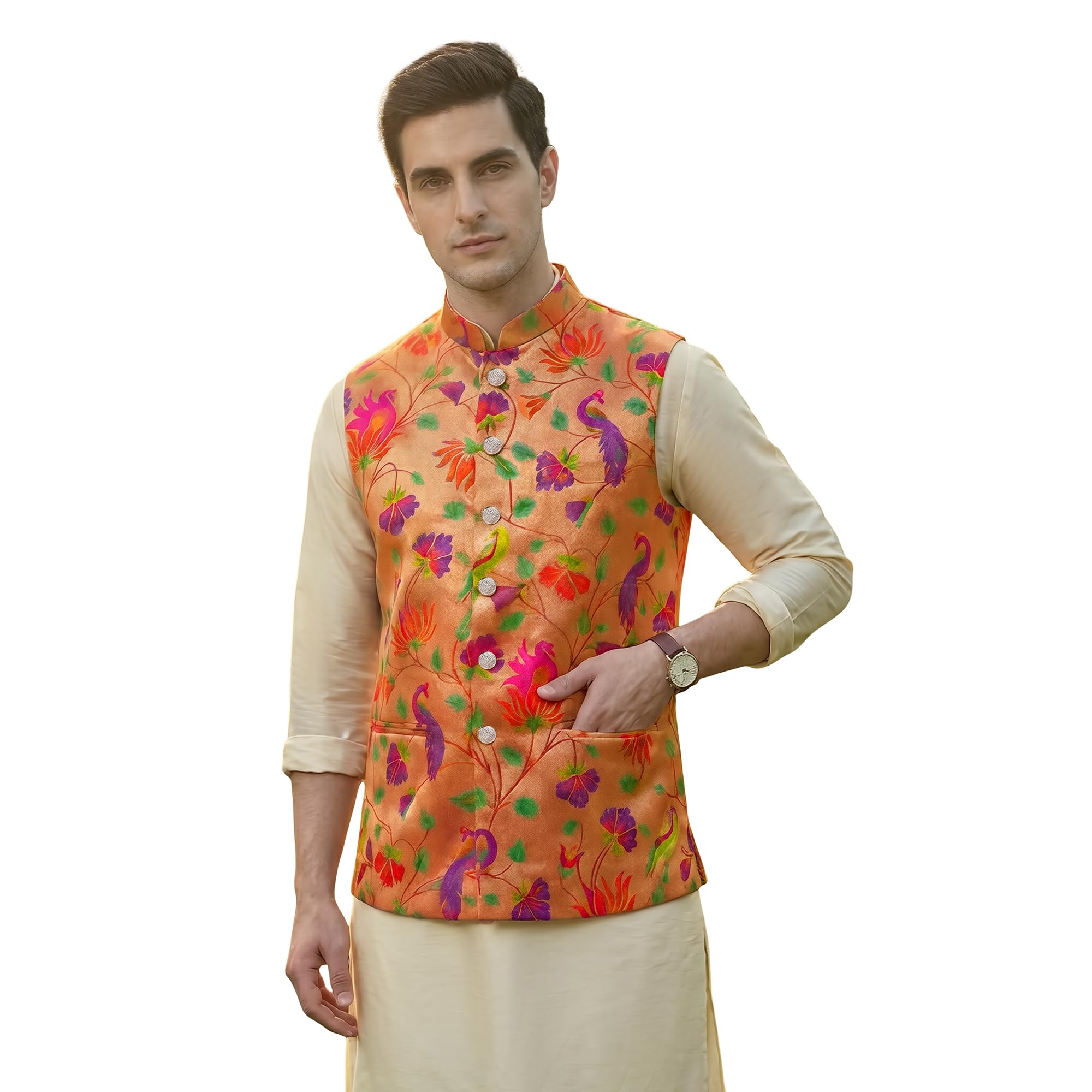 A Paithani Jacket for men wedding collection Golden base Multi colour woven-image-38
