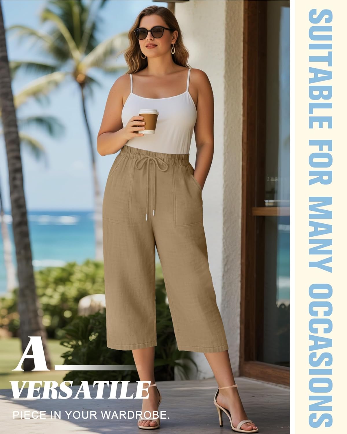 Riyiper 2 Pack Women's Plus Size Cotton Linen Blend Capri Pants, Wide Leg High Waist Casual Drawstring Trouser with Pockets