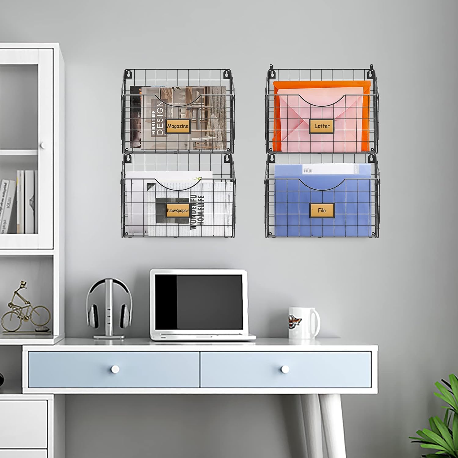 X-cosrack Stackable Hanging Wall Files Rack & 4-Tier Metal Folder Wall File Holder with Tag Slot Mounts on Wall and Door for Office, Home, and Work Easy Organizing,Black : Office Products