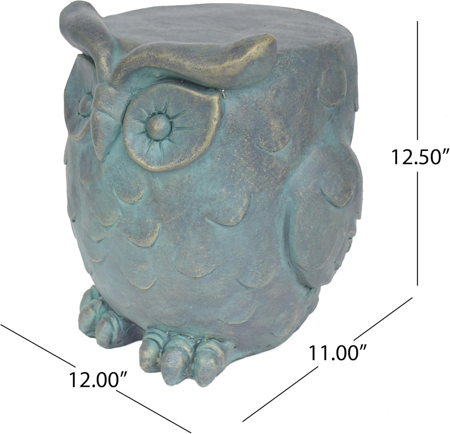 Owl Garden Stool, Decorative Outdoor Accent Stool or Side Table, Weather-Resistant Lightweight Concrete Patio Stool for Garden Yard Balcony, Antique Green