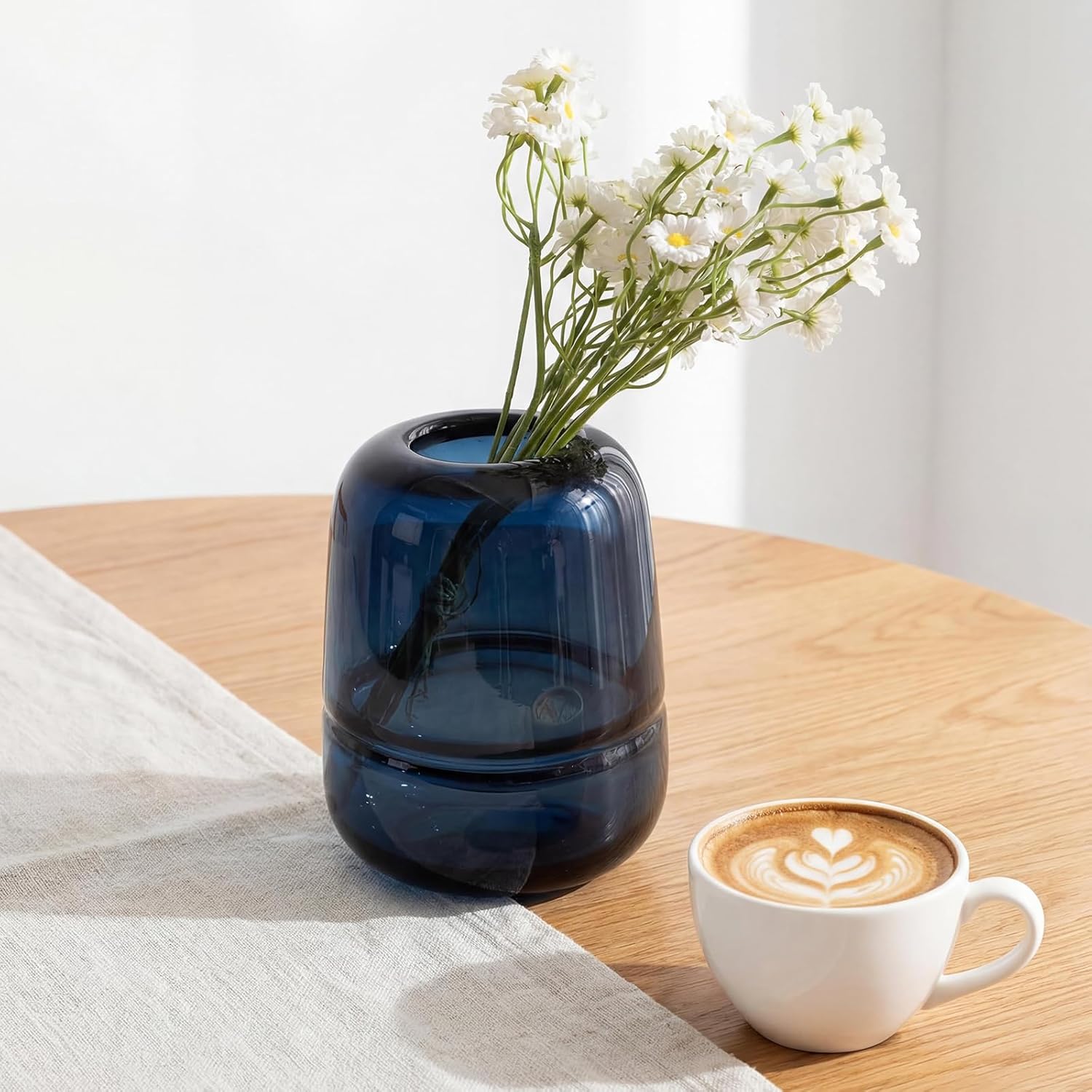 Relexome Blue Glass Flower Vase for Centerpieces Flowers 6.7 Inch Round Modern Glass Bud Vase Decorative Vases for Home Decor, Living Room, Dining Table, Entryway, Shelf, Office