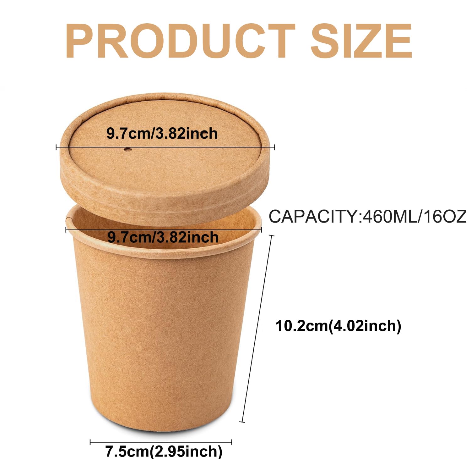 50 Pièces 16 OZ Tasses à Soupe Jetables avec Couvercle, Gobelets à Soupe à Emporter, Tasses à Soupe Carton, Gobelets en Papier à Glace, pour Micro-Ondes et Aliments Surgelés (Couvercle Brun)