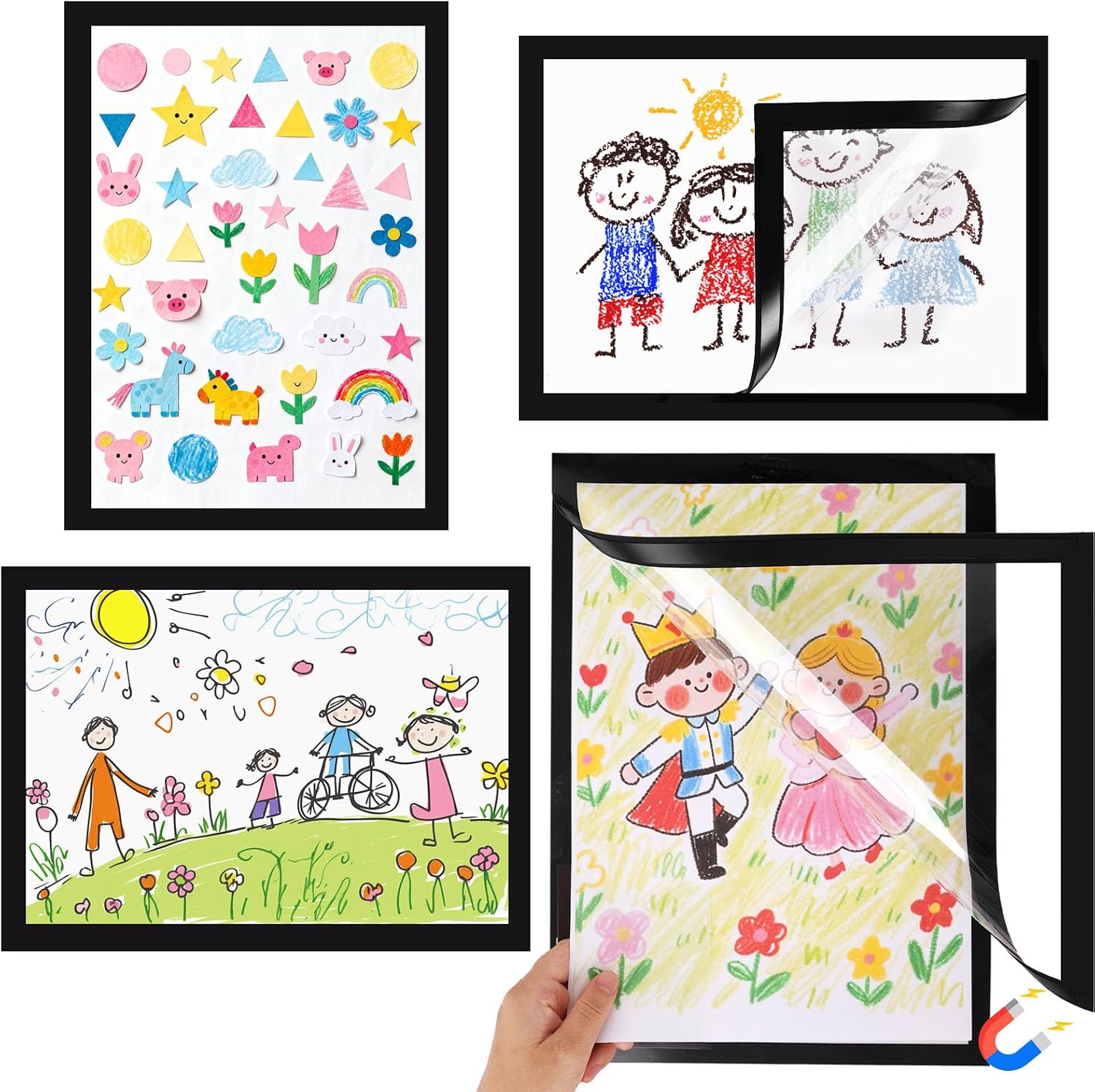 4 Black Kids Art Frame Changeable with Adhesive Backing for Drawing Picture