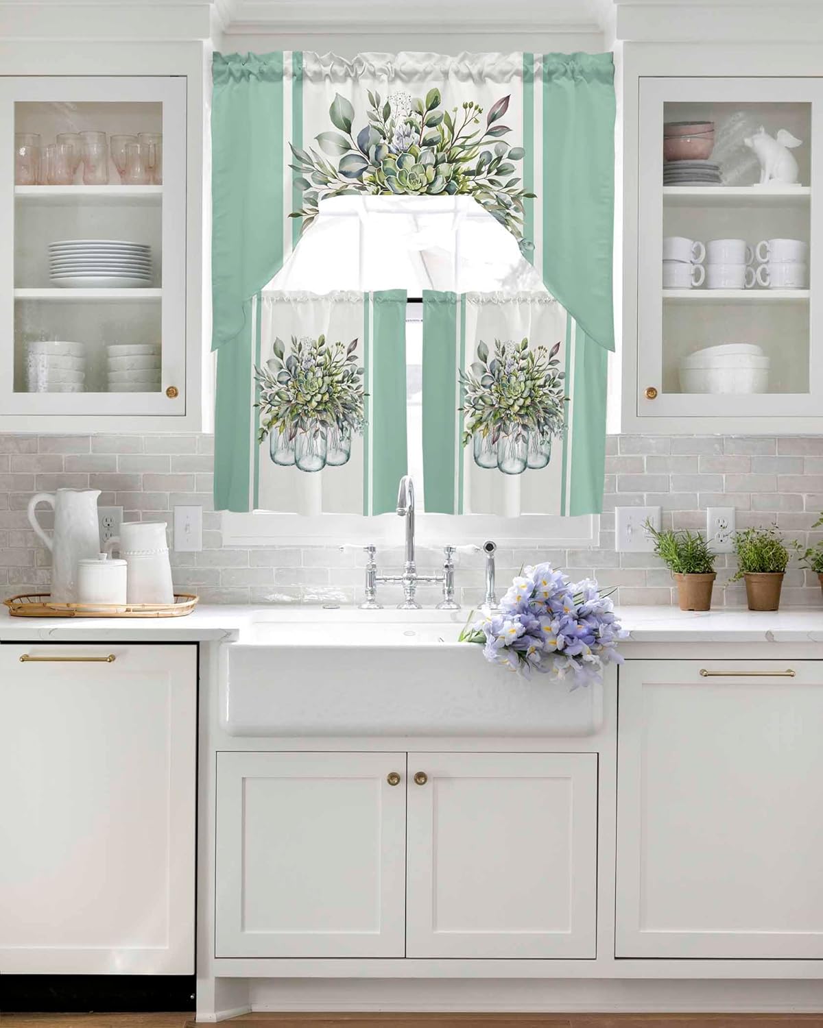 Sage Green Eucalyptus Swag Kitchen Curtain Sets with Valance,3 Pieces Rod Pocket Curtain Drapes for Bedroom Bathroom Cafe Windows,Spring Botanical Leaves Watercolor 56''x36''&24''x27.5''x2Panels