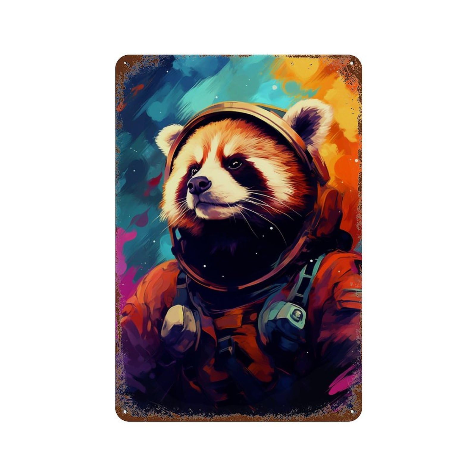 Cosmic Red Panda Explorer-3 11.8"x7.9" Rustic Tin Plaque, Novelty Wall Decor for Bistro, Counter And Cafe Decor