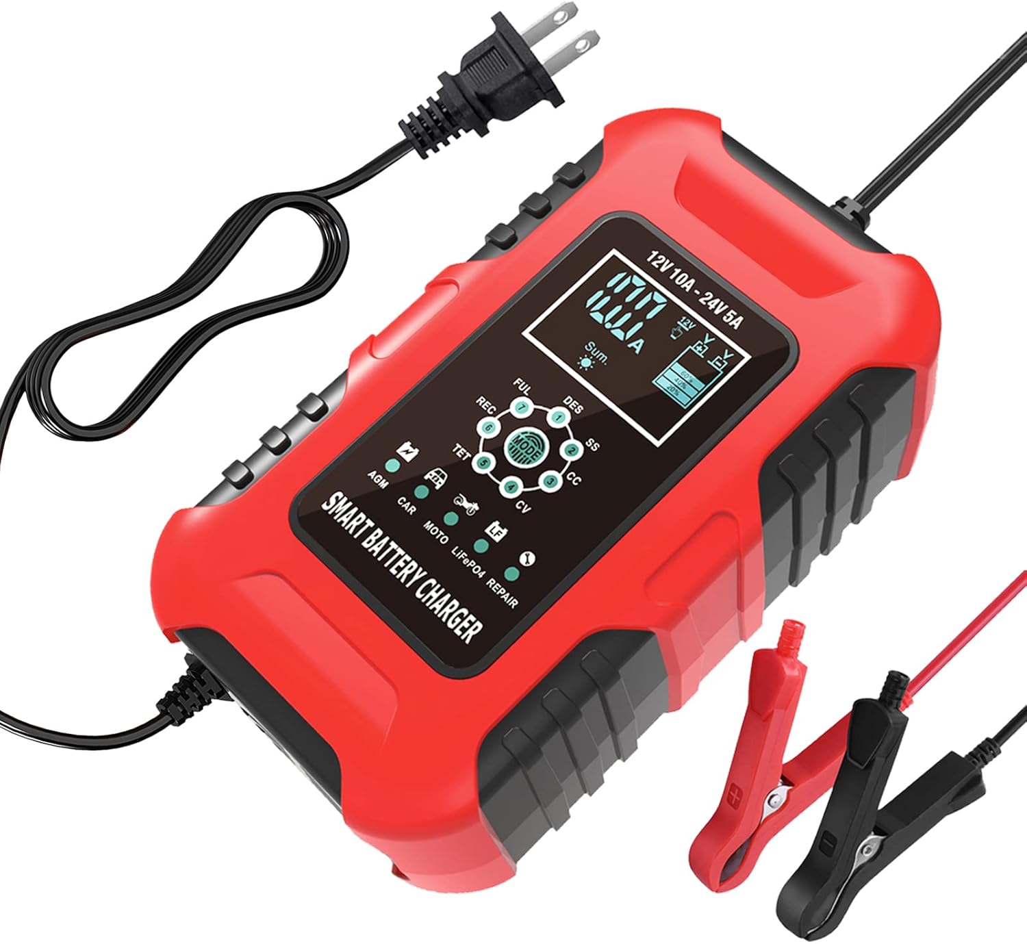 Battery Trickle Charger 12V & 24V,10-Amp Multifunctional Battery Charger Wet/GEL/SLA/LiFePO4/Lead-Acid/AGM Batteries,7-Stage Quick Charger Truck Motorcycle Car ATV Lawn mower RV Tractor, Red