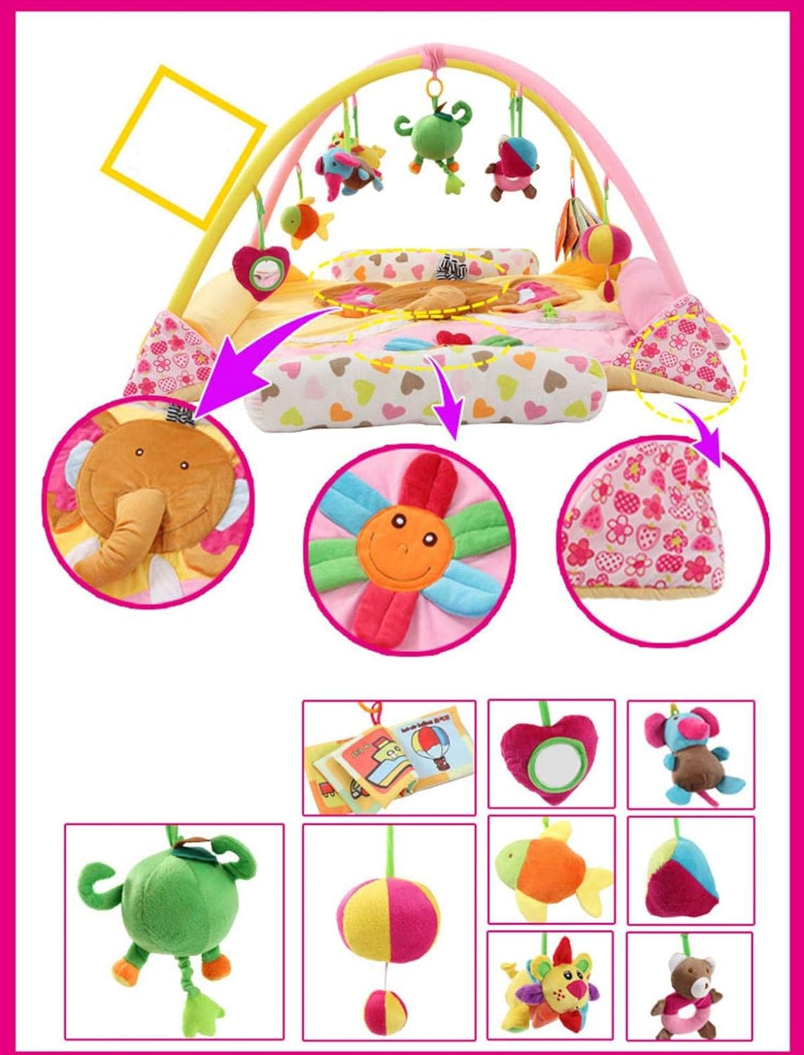 Baby Playmats Crawling Mat with Fitness Rack Pendant Toys Newborns Floor Gyms Blanket Suitable for Infants Orange