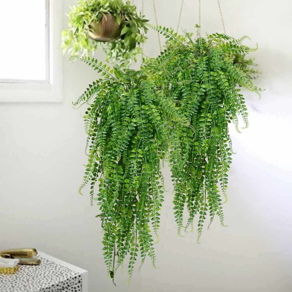 6 Pcs Artificial Hanging Ferns Plants Fake Hanging Plants Fake Ivy Boston Ferns Vine Outdoor Indoor Home Décor UV Resistant Plastic Plants (Green) - Image 5