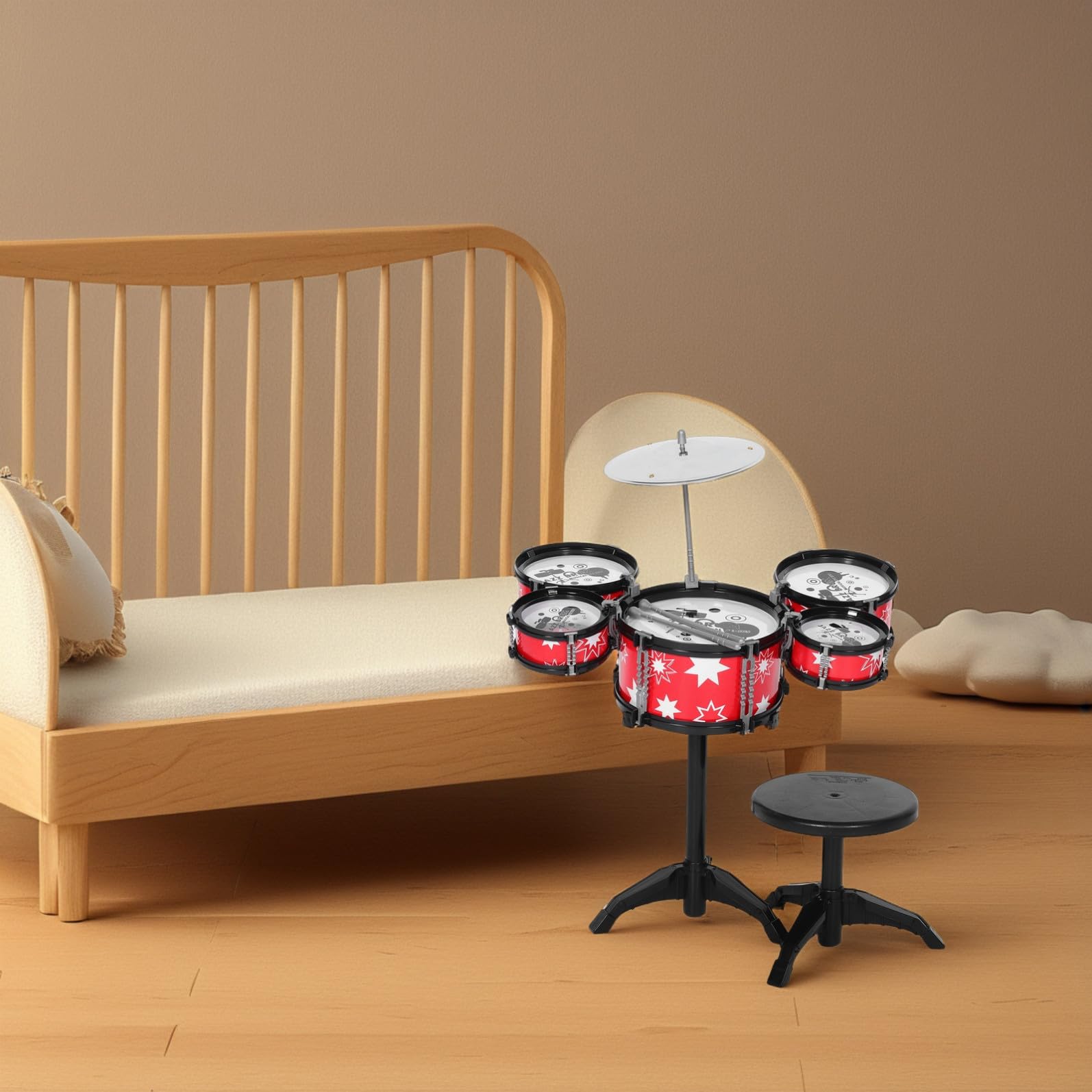 Juego de Minibatería Infantil de Plástico Rojo Diseño Realista y Seguro para Bebés, Juguete Musical Educativo para Niños Pequeños y Bebés