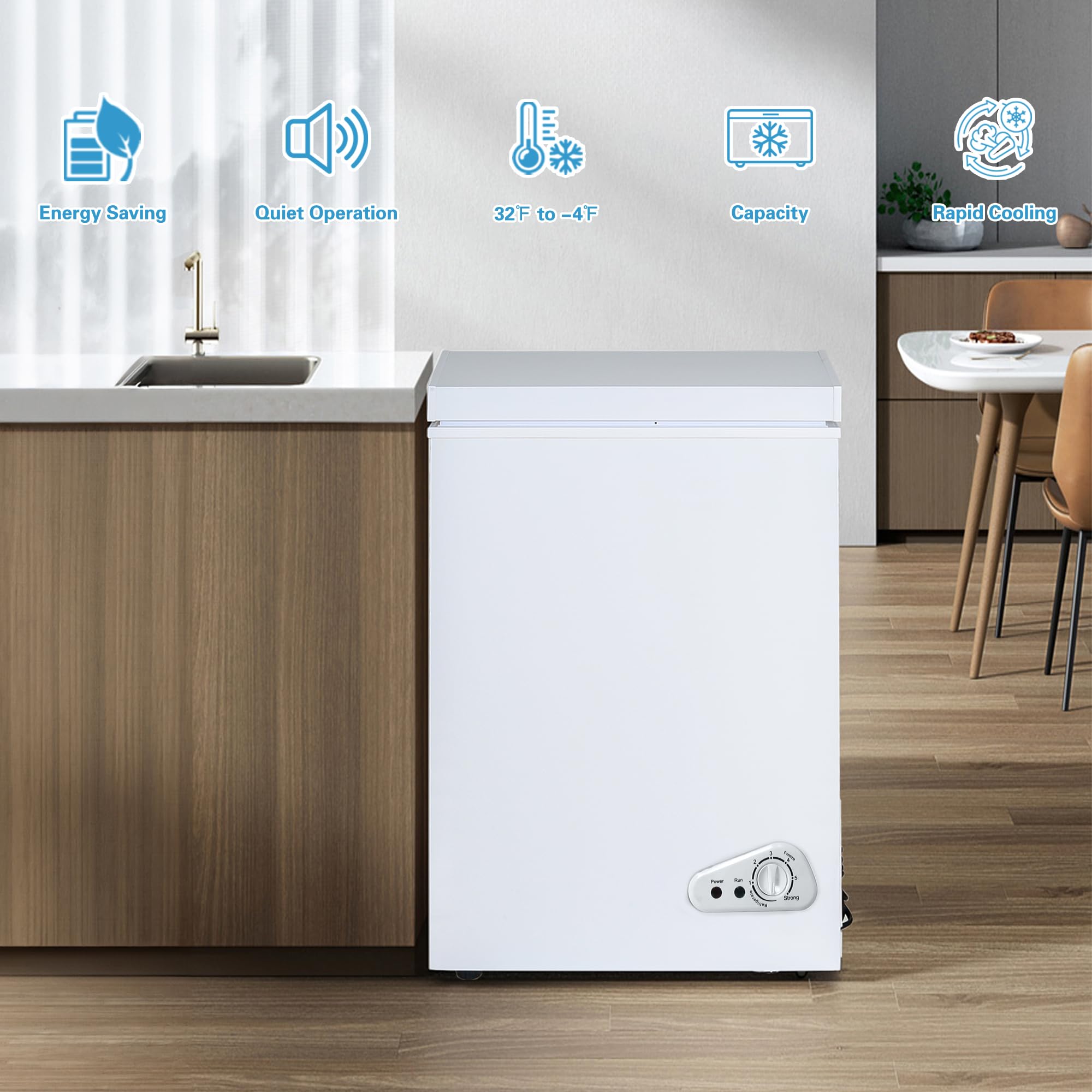 Chest Freezer 5.0 Cu.Ft Deep Freezer With 2 Removable Basket Small Freezer, Adjustable 6 Thermostat,Free-Standing Top Door, Energy Saving, Quiet Mini Freezer For Home/Garage/Dorm, White on Fridge.com - View 2
