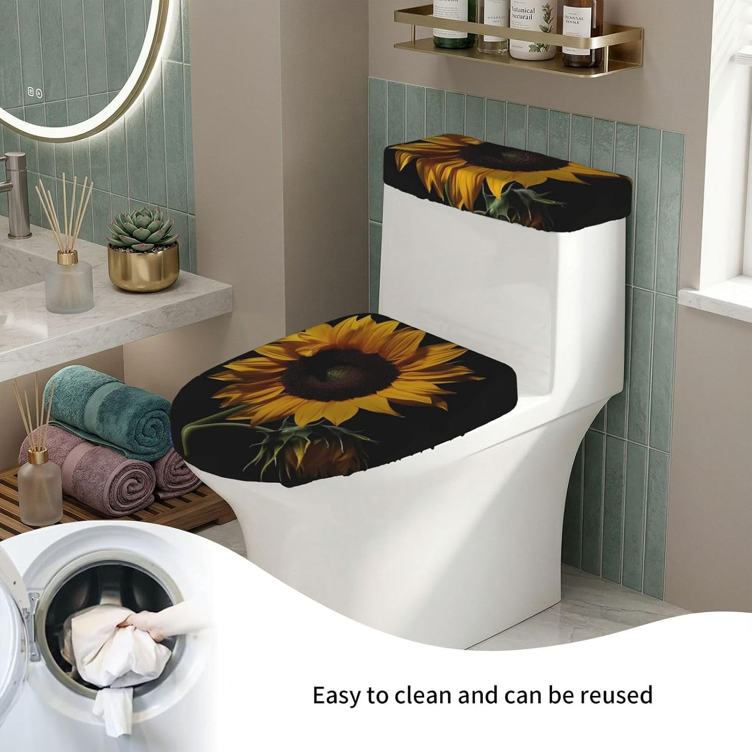 2 Pack Toilet Lid Cover and Toilet Tank Cover Set with Elastic Bottom, Sunflower Black Background Toilet Cover Set Soft Stretch Replacement Universal Toilet Seat Cover Washable Decorative image 5