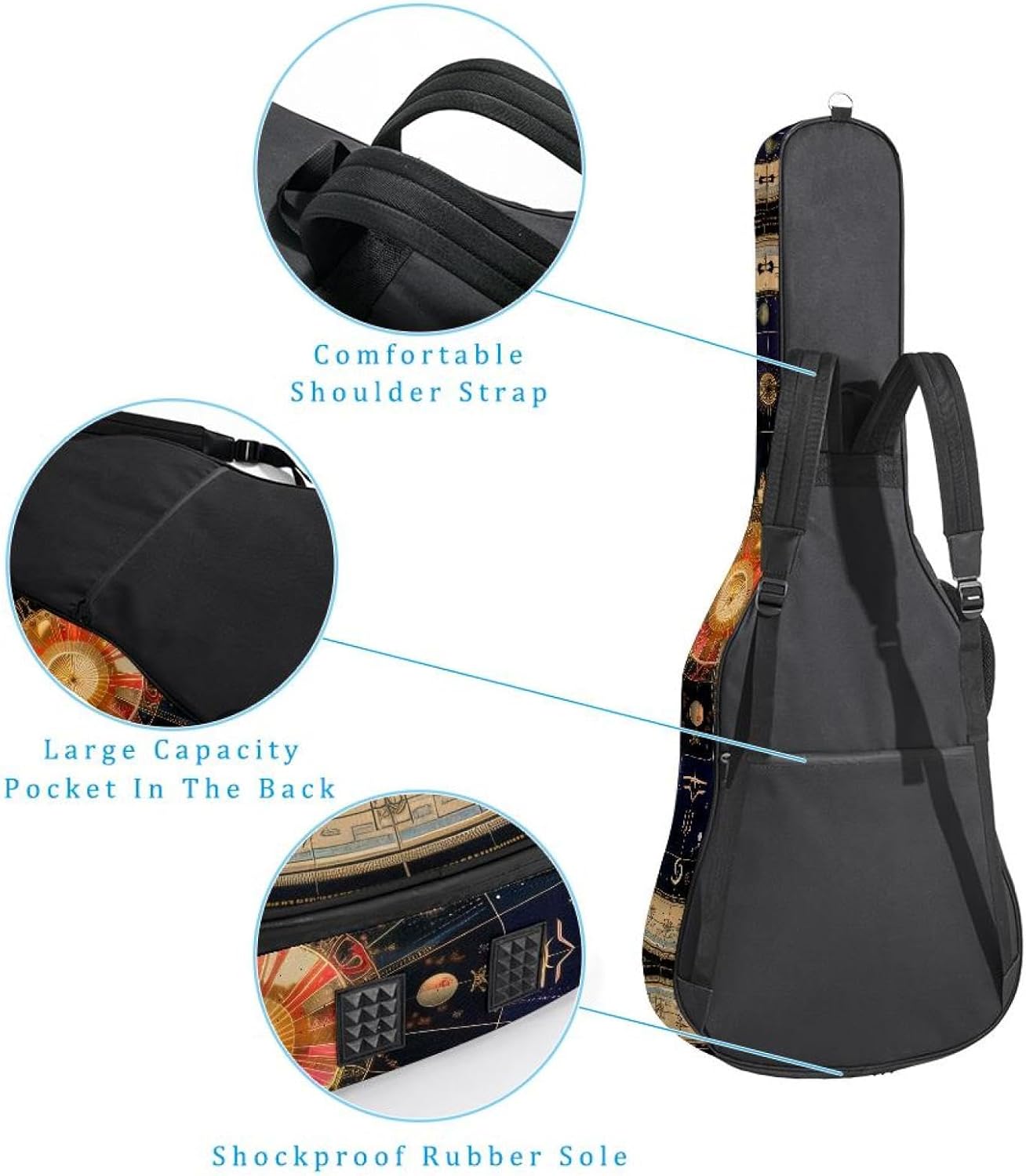 Acoustic Guitar Gig Bag 10mm Thick Padding, Soft Waterproof Guitar Case with Adjustable Backpack Straps for 40-42 Inch Guitar, Aesthetic Zodiac Signs Planets Symbols